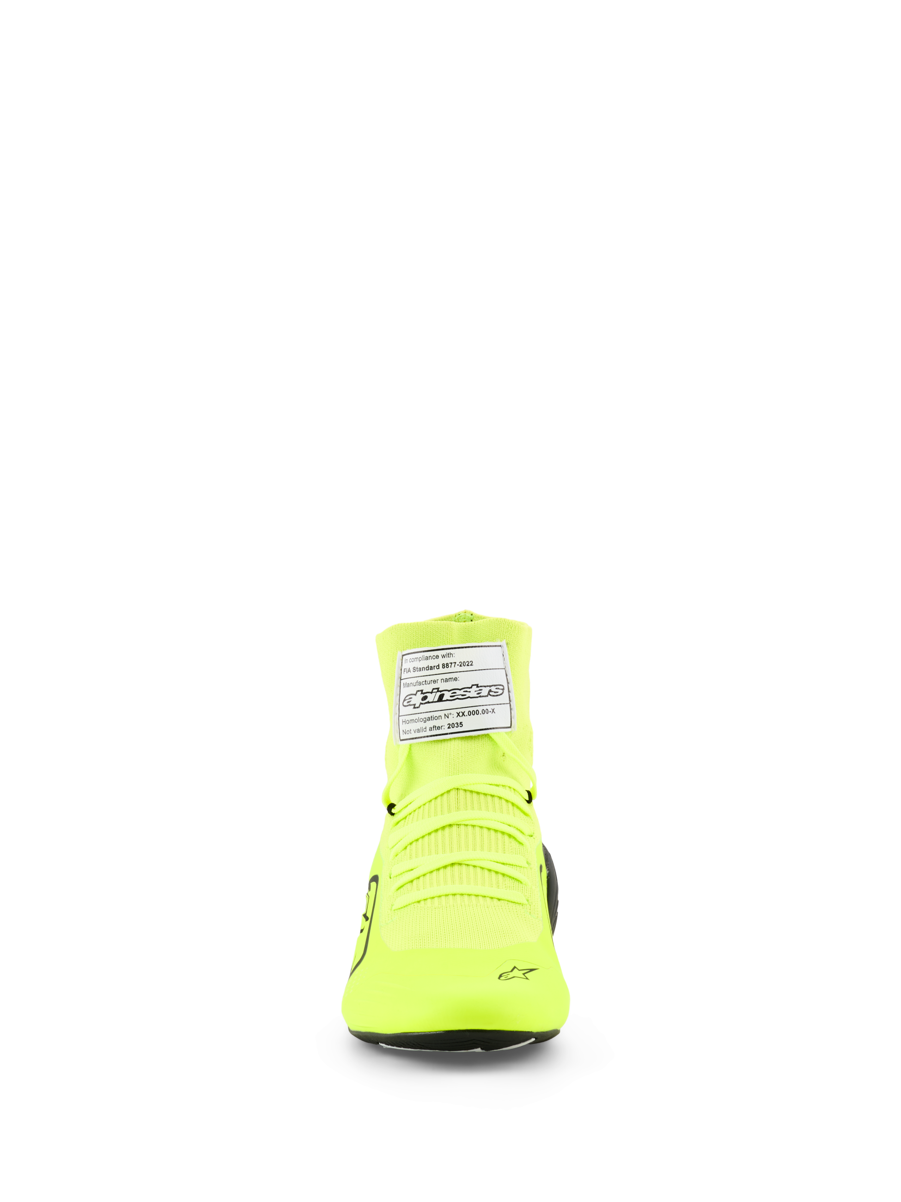 Alpinestars Supertech K Shoes, buty kartingowe FIA, żółty fluo czarny biały, widok z przodu ukazujący dzianinową konstrukcję cholewki, neonowożółte sznurowadła i białą metkę z certyfikatem FIA na kostce
