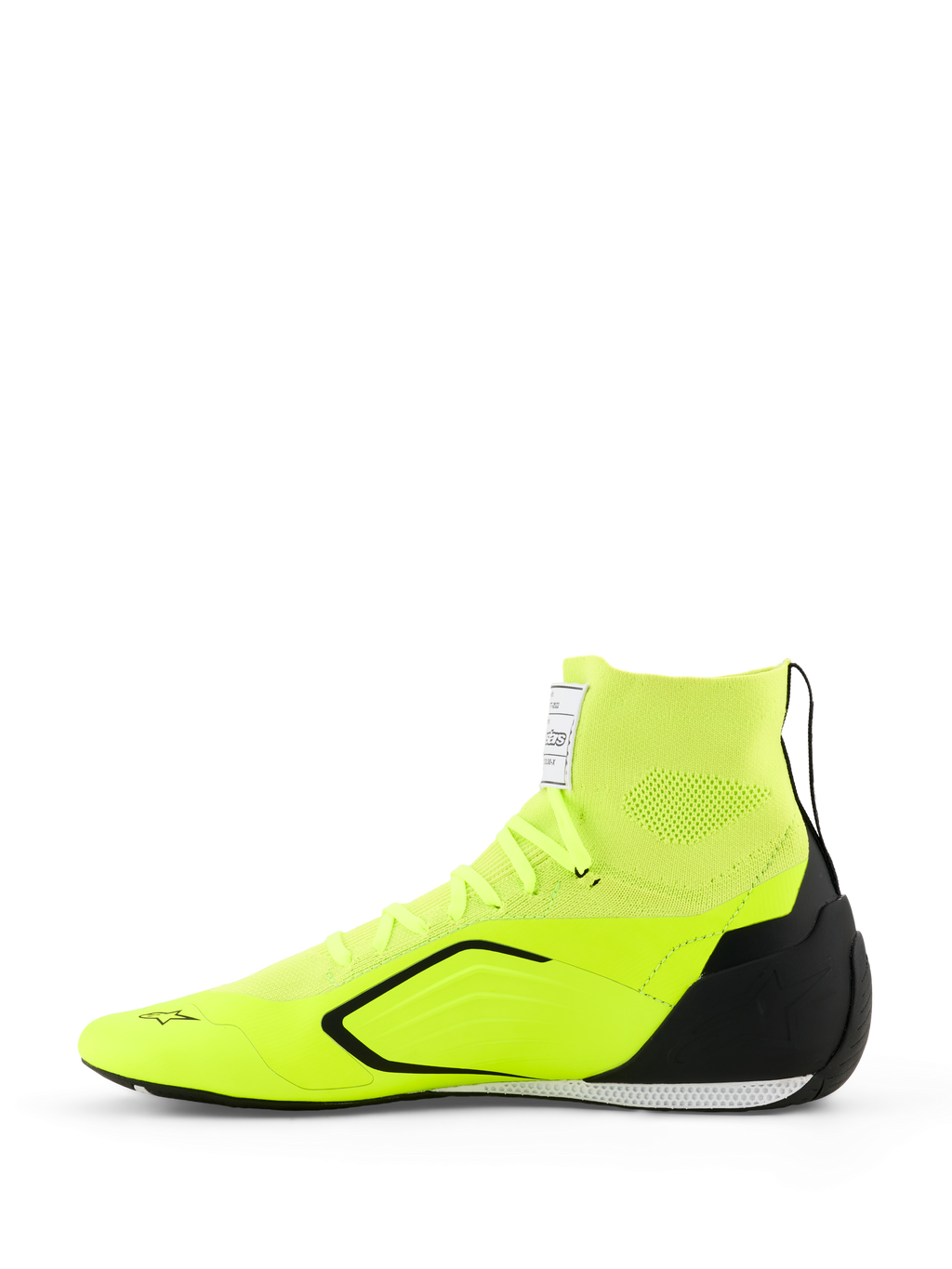 Buty Alpinestars Supertech K - FIA, buty kartingowe, żółte fluo czarno-białe, widok z boku przedstawiający w pełni dzianą cholewkę z kołnierzem typu skarpeta, czarny zapiętek z TPU, cienką biało-czarną podeszwę zewnętrzną oraz logo Alpinestars na nosku i języku