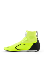 Buty Alpinestars Supertech K - FIA, buty kartingowe, żółte fluo czarno-białe, widok z boku przedstawiający w pełni dzianą cholewkę z kołnierzem typu skarpeta, czarny zapiętek z TPU, cienką biało-czarną podeszwę zewnętrzną oraz logo Alpinestars na nosku i języku