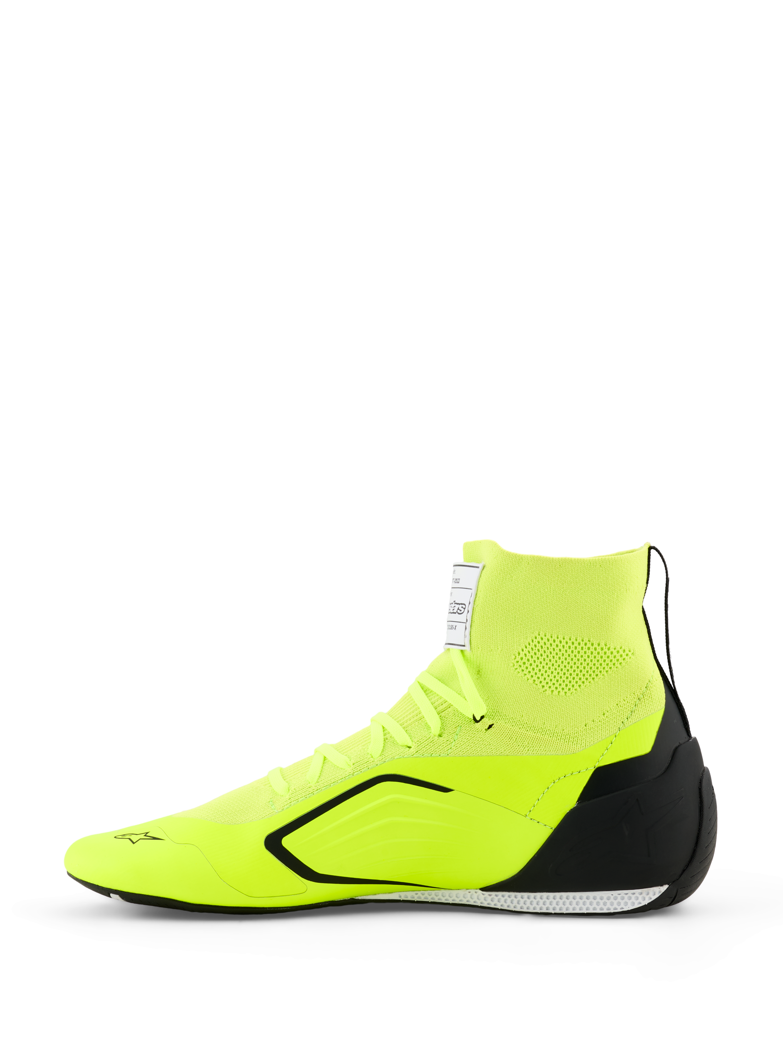 Buty Alpinestars Supertech K - FIA, buty kartingowe, żółte fluo czarno-białe, widok z boku przedstawiający w pełni dzianą cholewkę z kołnierzem typu skarpeta, czarny zapiętek z TPU, cienką biało-czarną podeszwę zewnętrzną oraz logo Alpinestars na nosku i języku