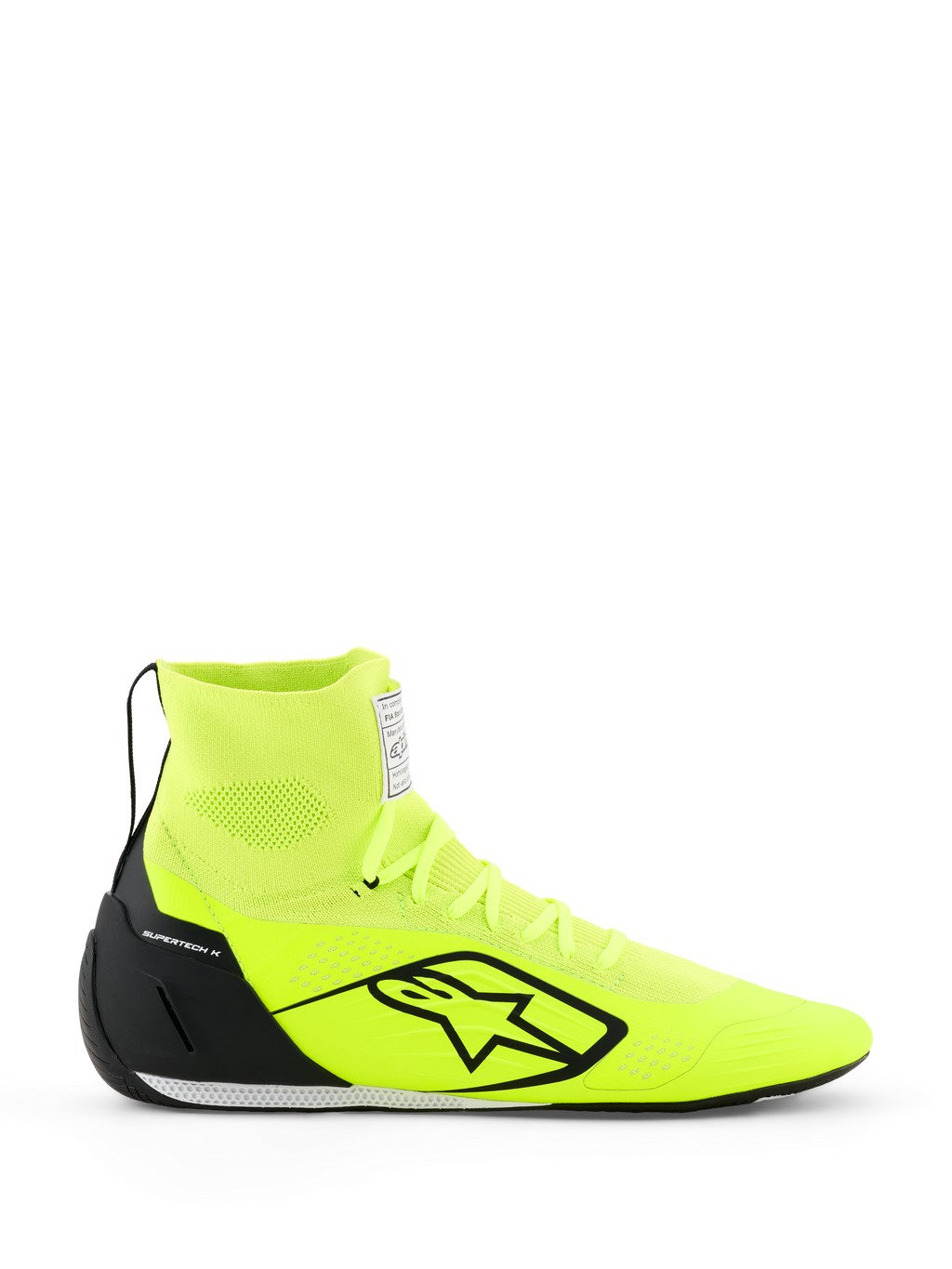 Alpinestars Supertech K Shoes - FIA, buty kartingowe, żółte fluo i czarne, widok z boku, w pełni dzianinowa cholewka z wysokim kołnierzem wokół kostki, czarny zapiętek TPU, duże czarne logo Alpinestars, lekkie obuwie wyścigowe