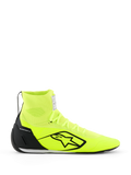 Alpinestars Supertech K Shoes - FIA, buty kartingowe, żółte fluo i czarne, widok z boku, w pełni dzianinowa cholewka z wysokim kołnierzem wokół kostki, czarny zapiętek TPU, duże czarne logo Alpinestars, lekkie obuwie wyścigowe
