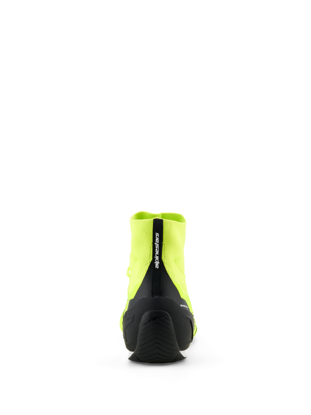 Buty Alpinestars Supertech K - FIA, buty kartingowe, żółty neonowy i czarny, widok z tyłu przedstawiający czarny wstrzykiwany zapiętek z TPU i pętlę z logo Alpinestars, dzianinowa konstrukcja cholewki, cienka gumowa podeszwa zewnętrzna