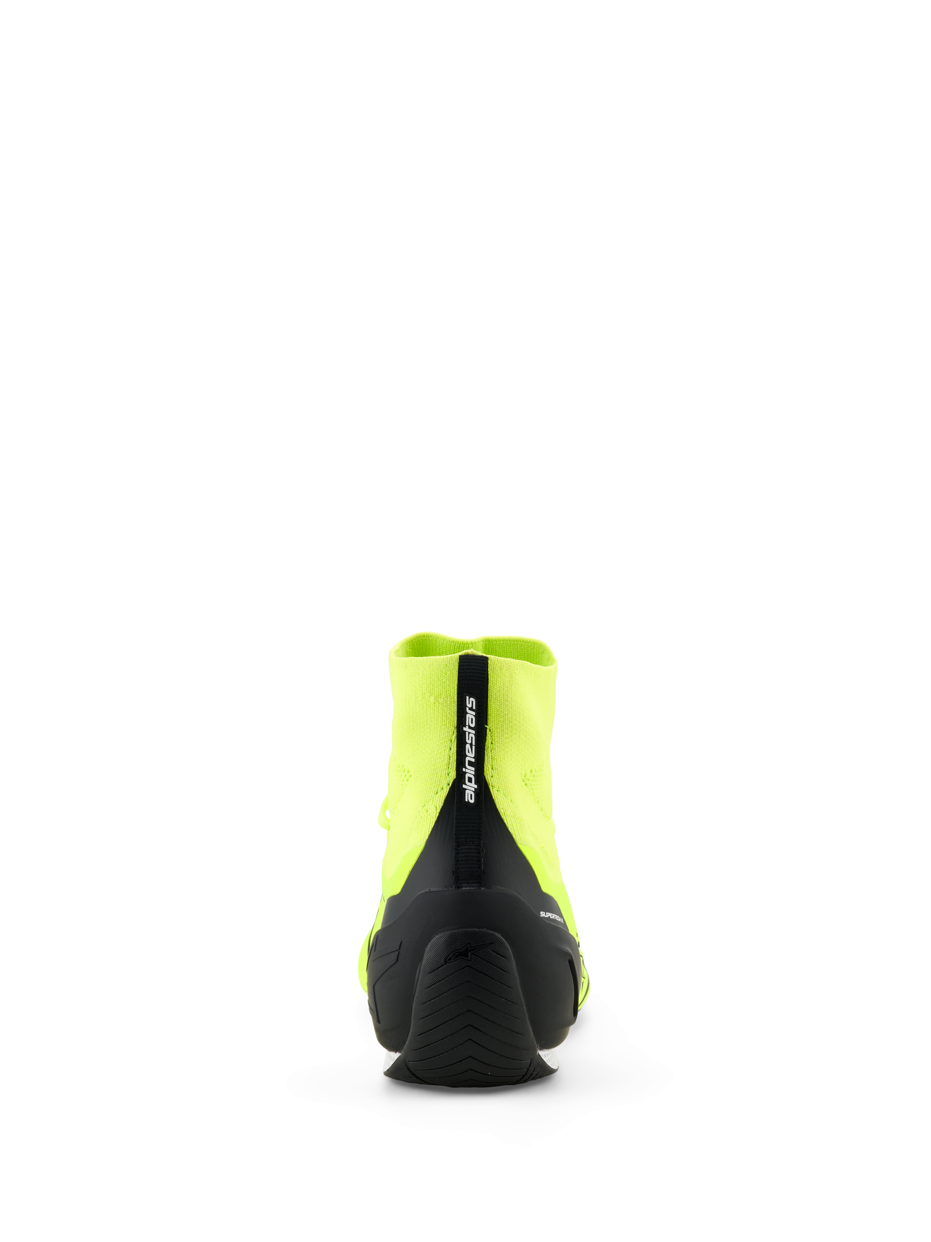 Buty Alpinestars Supertech K - FIA, buty kartingowe, żółty neonowy i czarny, widok z tyłu przedstawiający czarny wstrzykiwany zapiętek z TPU i pętlę z logo Alpinestars, dzianinowa konstrukcja cholewki, cienka gumowa podeszwa zewnętrzna