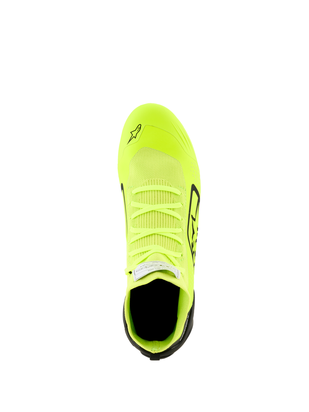 Buty Alpinestars Supertech K - FIA, buty kartingowe, żółty fluo, czarny i biały, widok z góry na w pełni dzianą cholewkę, fluorescencyjny żółty korpus z czarną piętą i bocznymi akcentami, smukły profil aerodynamiczny zapewniający precyzję podczas wyścigów