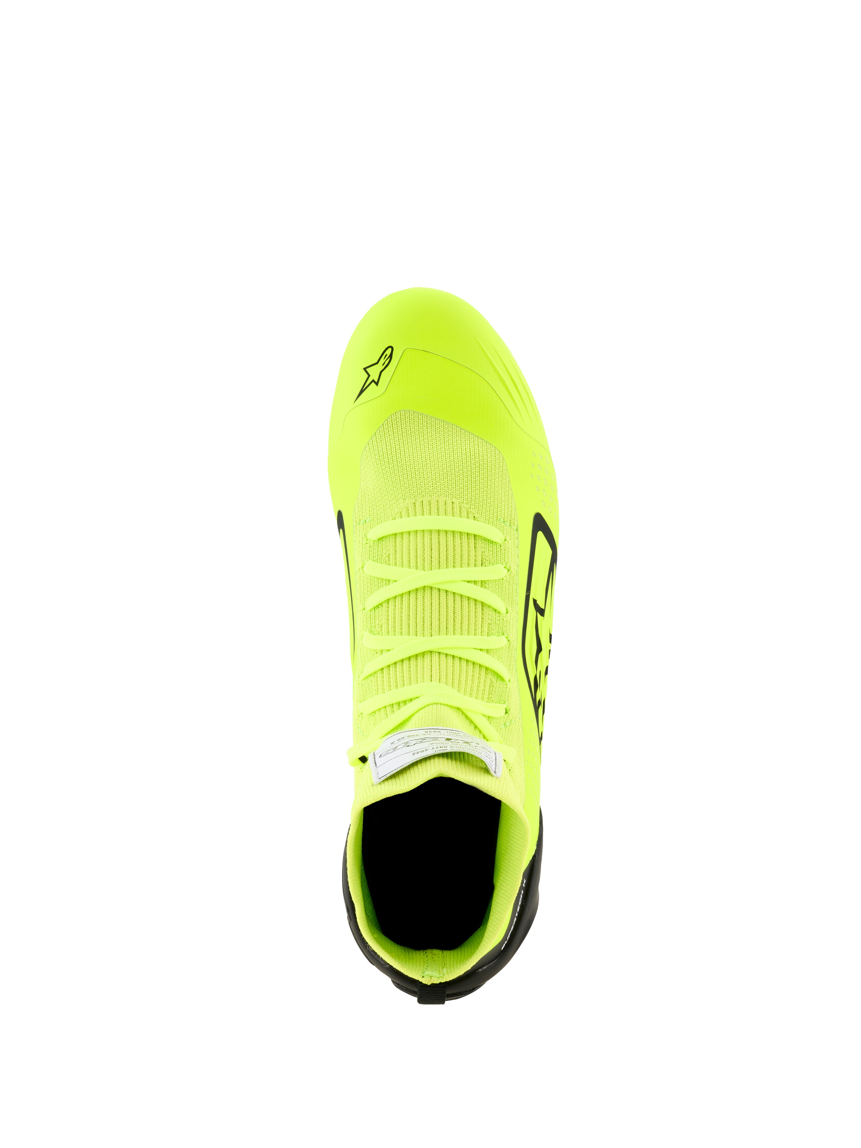 Buty Alpinestars Supertech K - FIA, buty kartingowe, żółty fluo, czarny i biały, widok z góry na w pełni dzianą cholewkę, fluorescencyjny żółty korpus z czarną piętą i bocznymi akcentami, smukły profil aerodynamiczny zapewniający precyzję podczas wyścigów