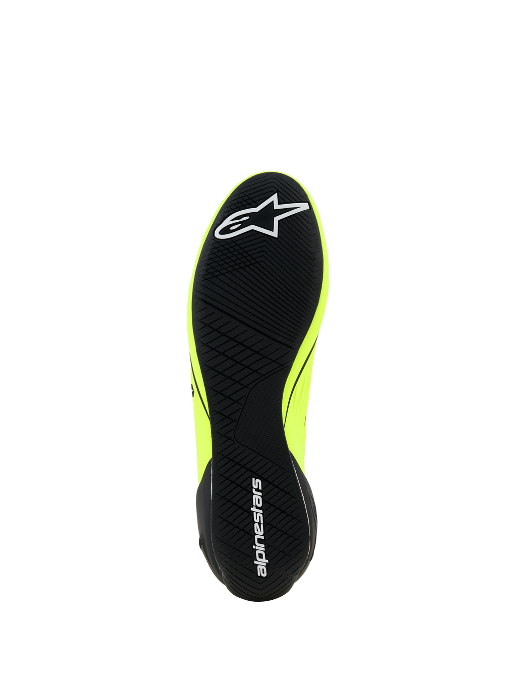 Alpinestars Supertech K Shoes - FIA, buty kartingowe, żółte fluo czarno-białe, widok podeszwy z czarnym asymetrycznym wzorem bieżnika, białe logo gwiazdy z przodu i napis alpinestars na pięcie, cienka gumowa podeszwa zapewniająca wyczucie pedałów