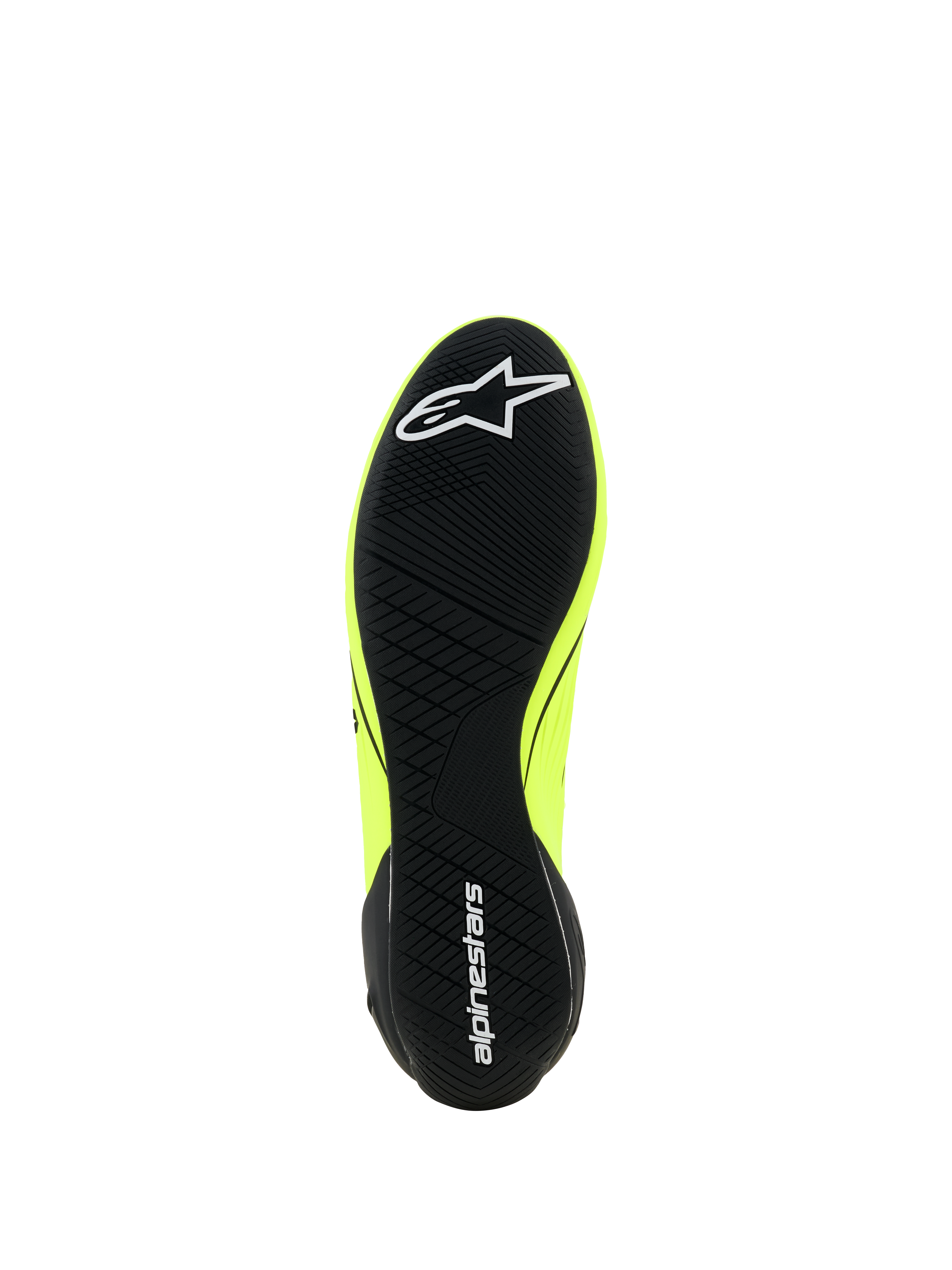 Alpinestars Supertech K Shoes - FIA, buty kartingowe, żółte fluo czarno-białe, widok podeszwy z czarnym asymetrycznym wzorem bieżnika, białe logo gwiazdy z przodu i napis alpinestars na pięcie, cienka gumowa podeszwa zapewniająca wyczucie pedałów