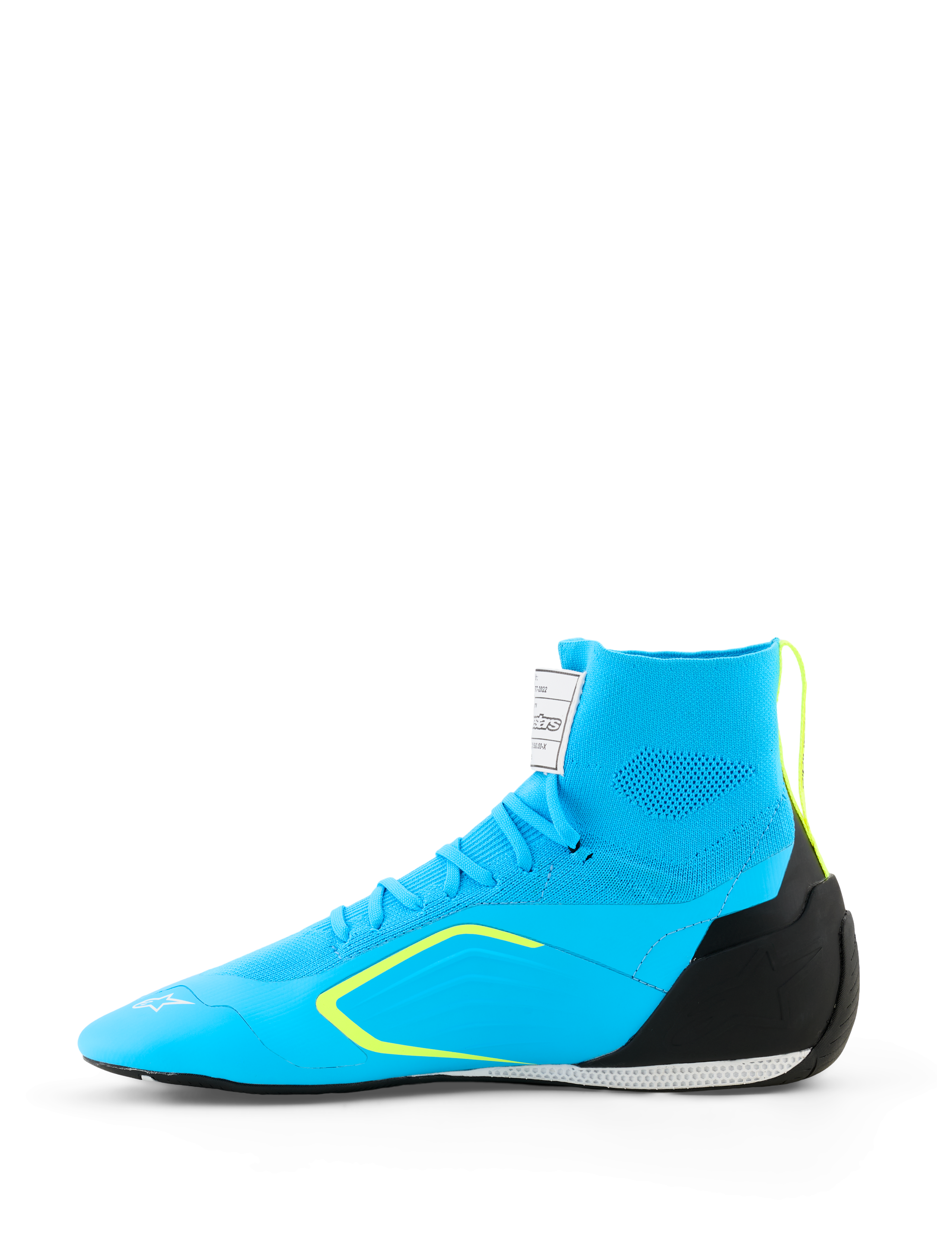 Buty Alpinestars Supertech K - FIA, buty kartingowe, jasnoniebieskie z czarnymi i żółtymi neonowymi akcentami, widok z boku przedstawiający dzianą konstrukcję cholewki, zapiętek TPU i cienką podeszwę wyścigową