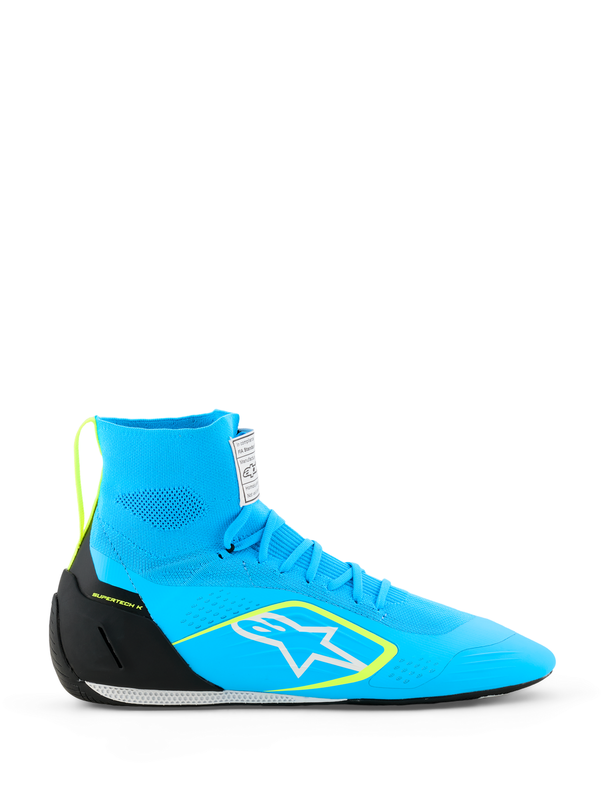 Alpinestars Supertech K Shoes FIA, buty kartingowe wyścigowe, jasnoniebieskie z czarnymi i neonowożółtymi akcentami, wysoka konstrukcja z w pełni dzianą cholewką, białe logo gwiazdy, profesjonalne obuwie wyścigowe