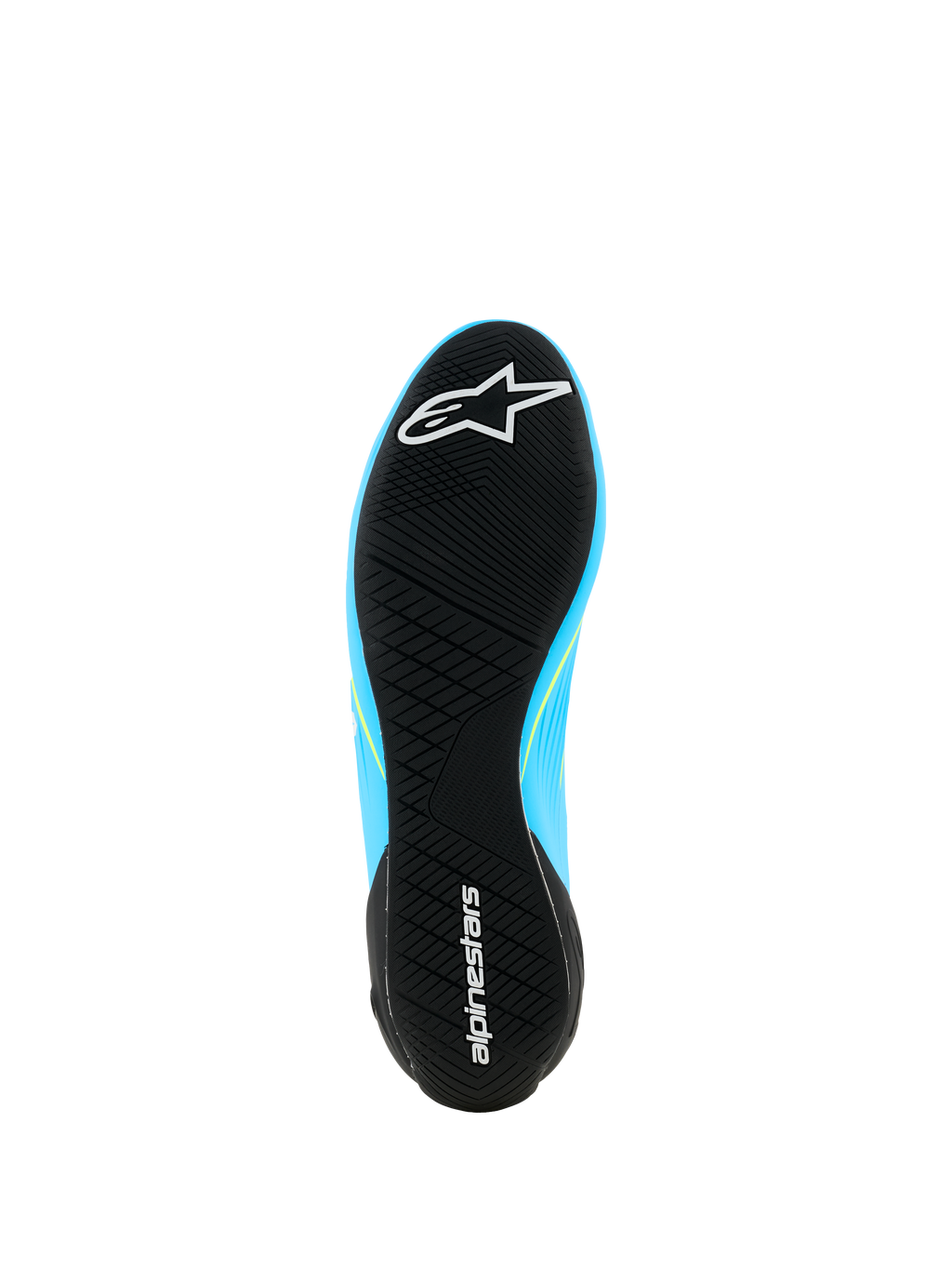Alpinestars Supertech K Shoes - FIA, buty kartingowe, jasnoniebieskie i czarne z żółtymi akcentami fluo, widok od spodu na ultracienką gumową podeszwę z asymetrycznym bieżnikiem i logo Alpinestars
