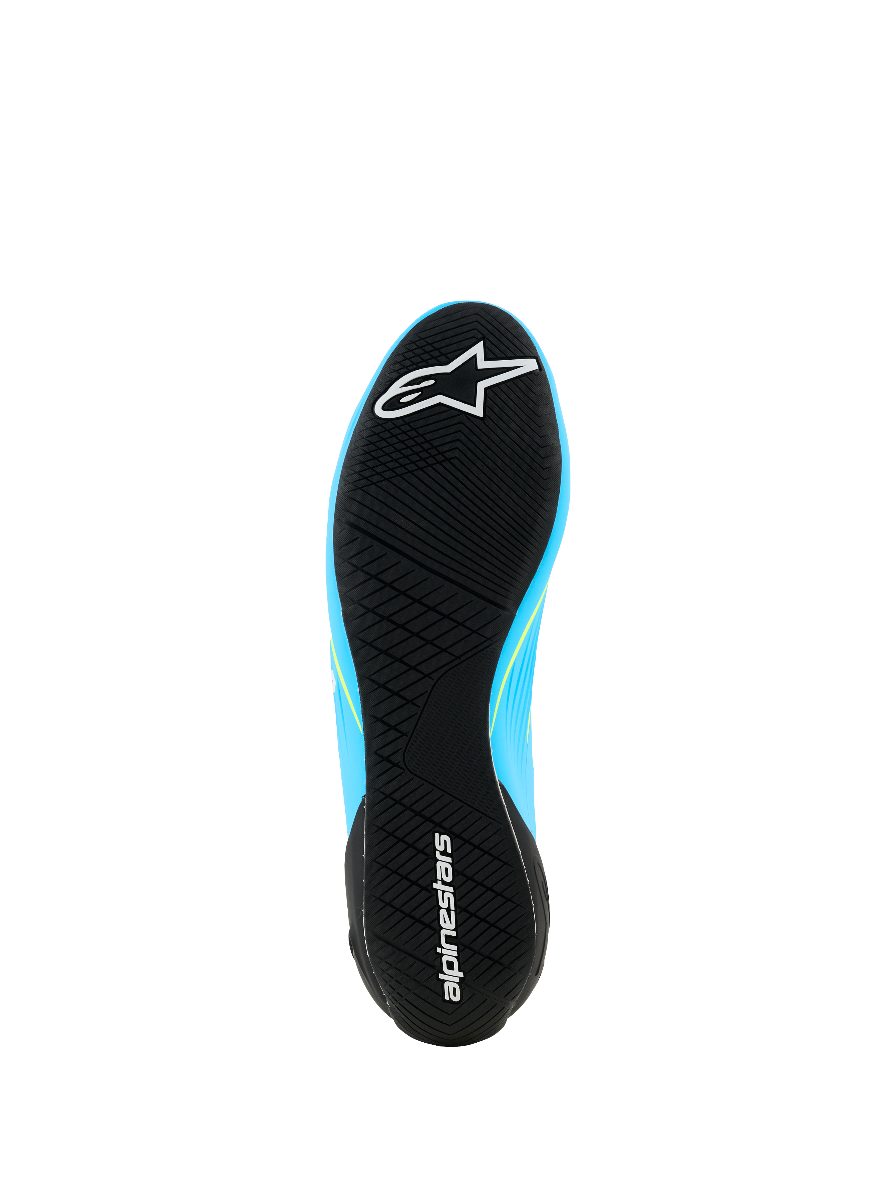 Alpinestars Supertech K Shoes - FIA, buty kartingowe, jasnoniebieskie i czarne z żółtymi akcentami fluo, widok od spodu na ultracienką gumową podeszwę z asymetrycznym bieżnikiem i logo Alpinestars