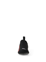 Alpinestars Tech Gaming Shoes, obuwie do sim racingu, czarne, widok z przodu, bezszwowa dzianinowa elastyczna cholewka, małe białe logo Alpinestars na czubku, czerwono-białe logo boczne, lekka konstrukcja zapewniająca czułość pedałów i komfort