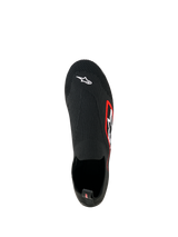 Alpinestars Tech Gaming Shoes, buty do sim racingu, czarne, widok z góry, bezszwowa dzianinowa elastyczna cholewka z białym logo Astar na nosku, logo z czerwoną obwódką z boku, lekka konstrukcja przypominająca skarpetę