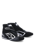 Alpinestars SP+ Shoes N, buty wyścigowe, czarno-białe, z dużym białym logo gwiazdy, wysoka konstrukcja z paskiem na kostce, konstrukcja zamszowo-skórzana, cienka, wydajna podeszwa
