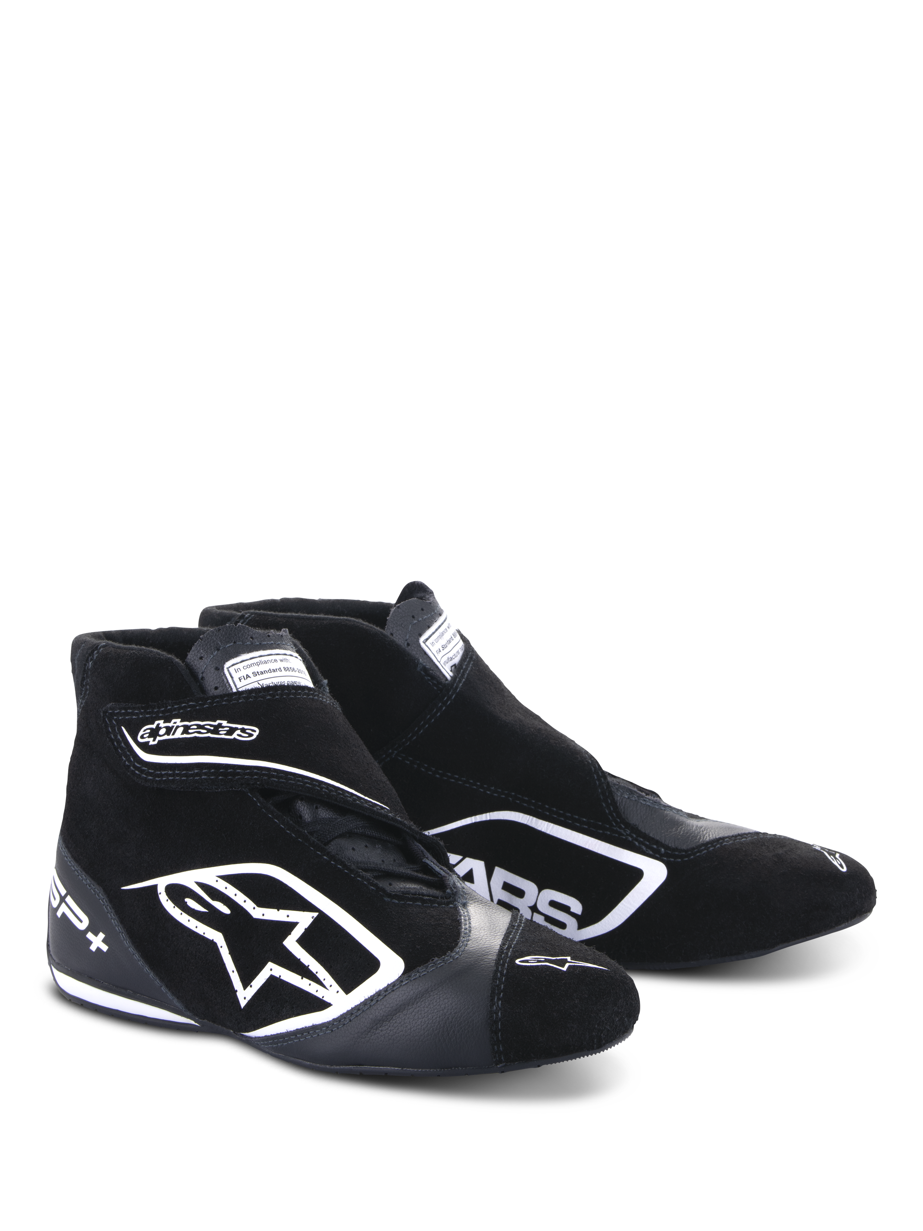 Alpinestars SP+ Shoes N, Auto Racing Footwear, Black and White, featuring a large white star logo, high-top design with ankle strap, suede and leather construction, and a thin performance sole