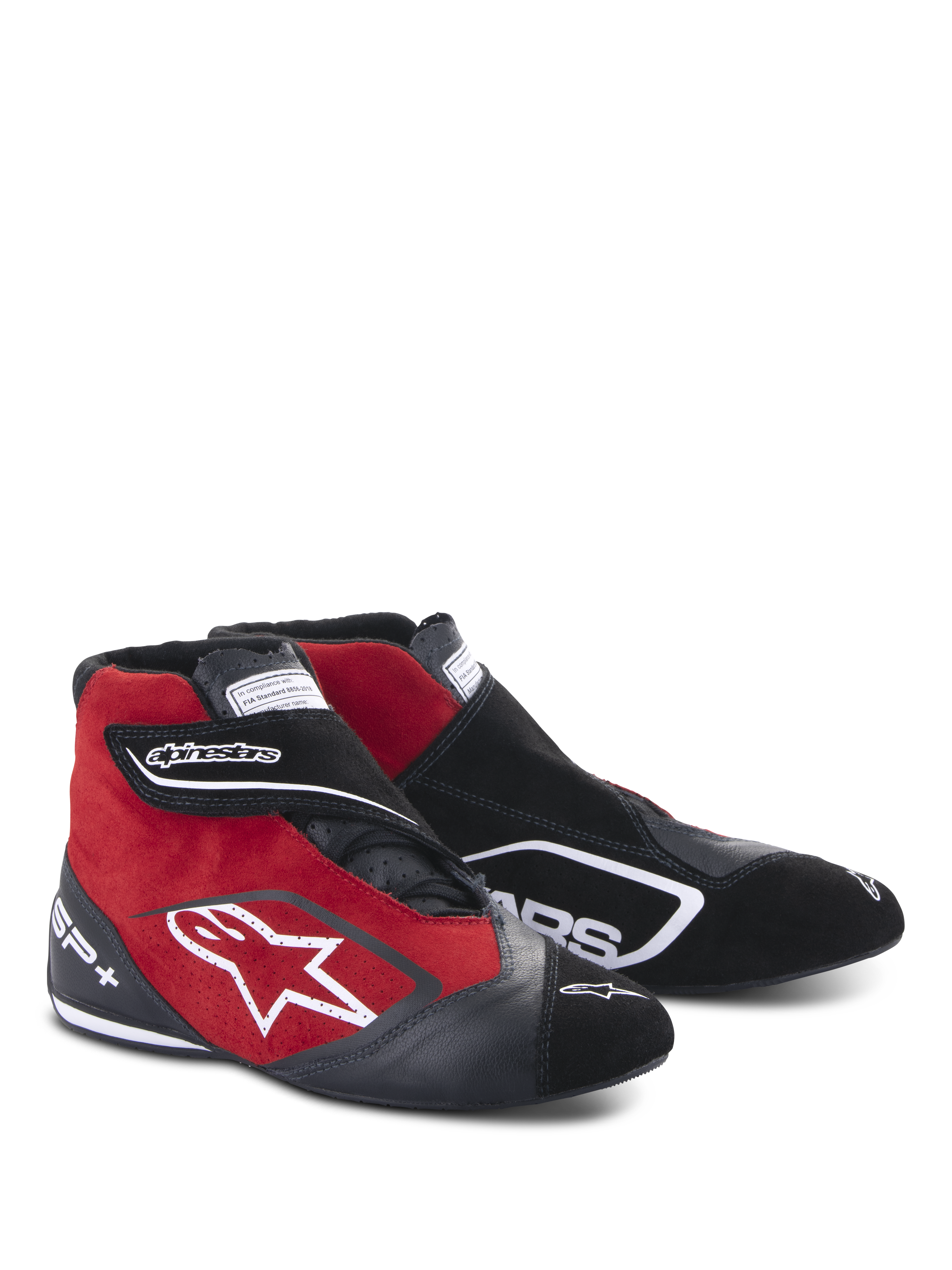 Alpinestars SP+ Shoes, High-Top Racing Shoes, Black and Red, featuring suede and leather construction, white star logo on the side, adjustable hook-and-loop strap, professional motorsport footwear with ankle support