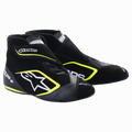 Alpinestars SP+ Shoes, buty wyścigowe, czarno-żółte fluo, wysoka konstrukcja z białym logo gwiazdy i neonowożółtymi akcentami, wykonane ze skóry i zamszu, cienka gumowa podeszwa inspirowana F1, sportowa estetyka motorsportowa