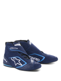 Alpinestars SP+ Shoes N, buty wyścigowe, w kolorze ultramaryny i jasnoniebieskim, wysoka konstrukcja z zamszu i skóry, duże białe logo gwiazdy i oznaczenie SP+, aerodynamiczny kształt do profesjonalnego motorsportu
