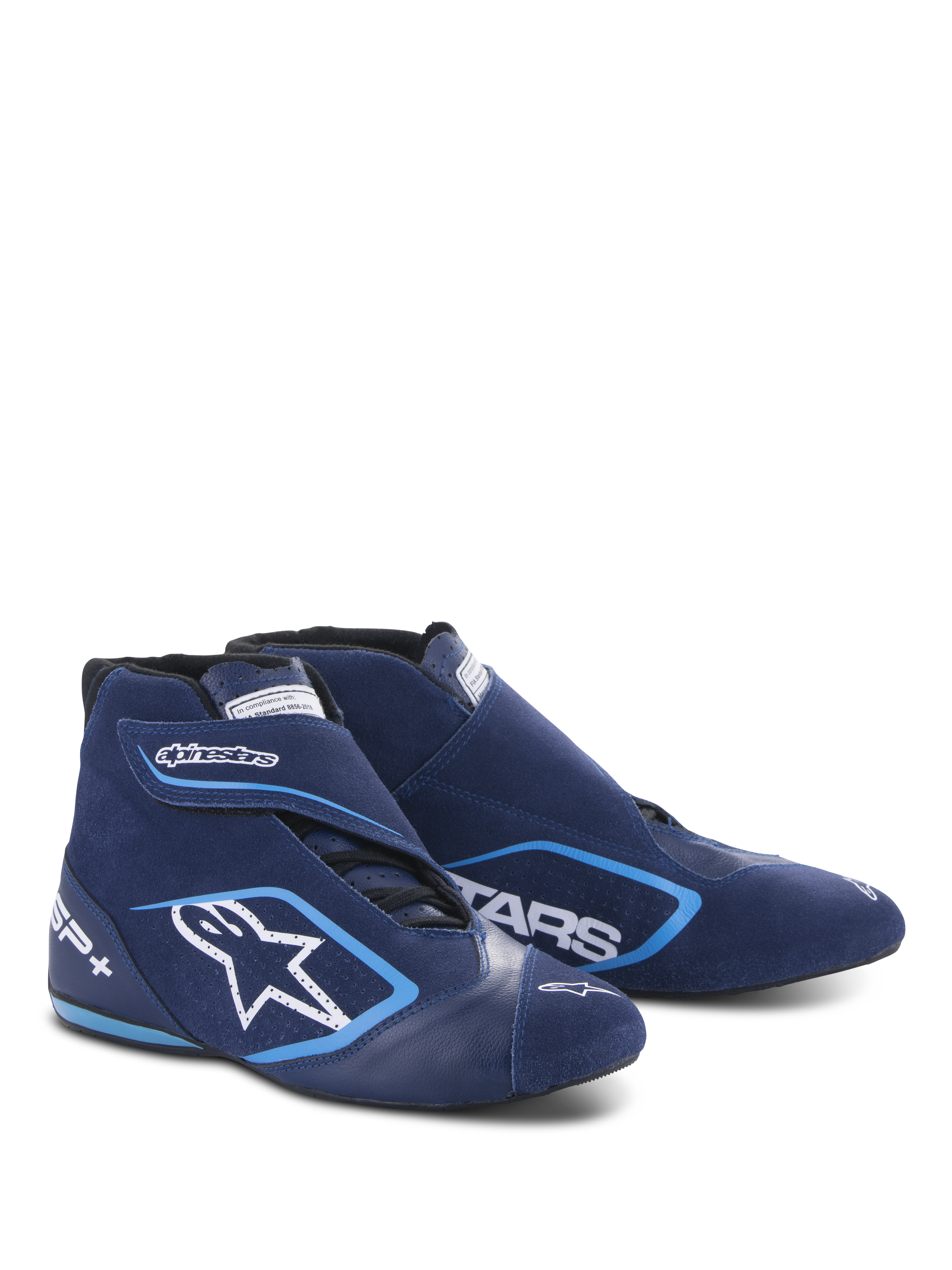 Alpinestars SP+ Shoes N, buty wyścigowe, w kolorze ultramaryny i jasnoniebieskim, wysoka konstrukcja z zamszu i skóry, duże białe logo gwiazdy i oznaczenie SP+, aerodynamiczny kształt do profesjonalnego motorsportu
