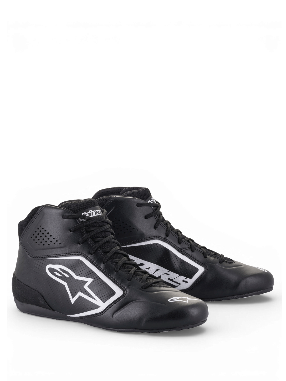 Buty kartingowe Alpinestars Tech-1 K Start V2, czarne i białe, lekka cholewka z mikrofibry z perforowanymi panelami wentylacyjnymi oraz białym logo Astars.