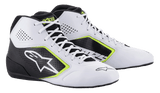 Alpinestars Tech-1 K Start V2 Shoes, Karting Shoes, White Black and Yellow Fluo, featuring perforated side panels, large white star logo, and neon yellow accents, professional motorsport footwear