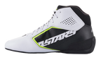 Alpinestars Tech-1 K Start V2 Shoes, Karting Shoes, White Black and Yellow Fluo, side view featuring a perforated white microfiber upper, black side panel with bold ASTARS branding, neon yellow highlights, and a streamlined black sole.