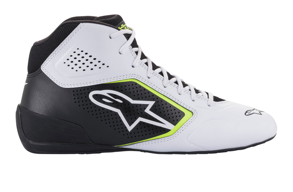 Alpinestars Tech-1 K Start V2 Shoes, Karting Shoes, White Black and Yellow Fluo, side profile featuring perforated microfiber panels, white Alpinestars logo with fluorescent yellow border, sleek motorsport design for karting