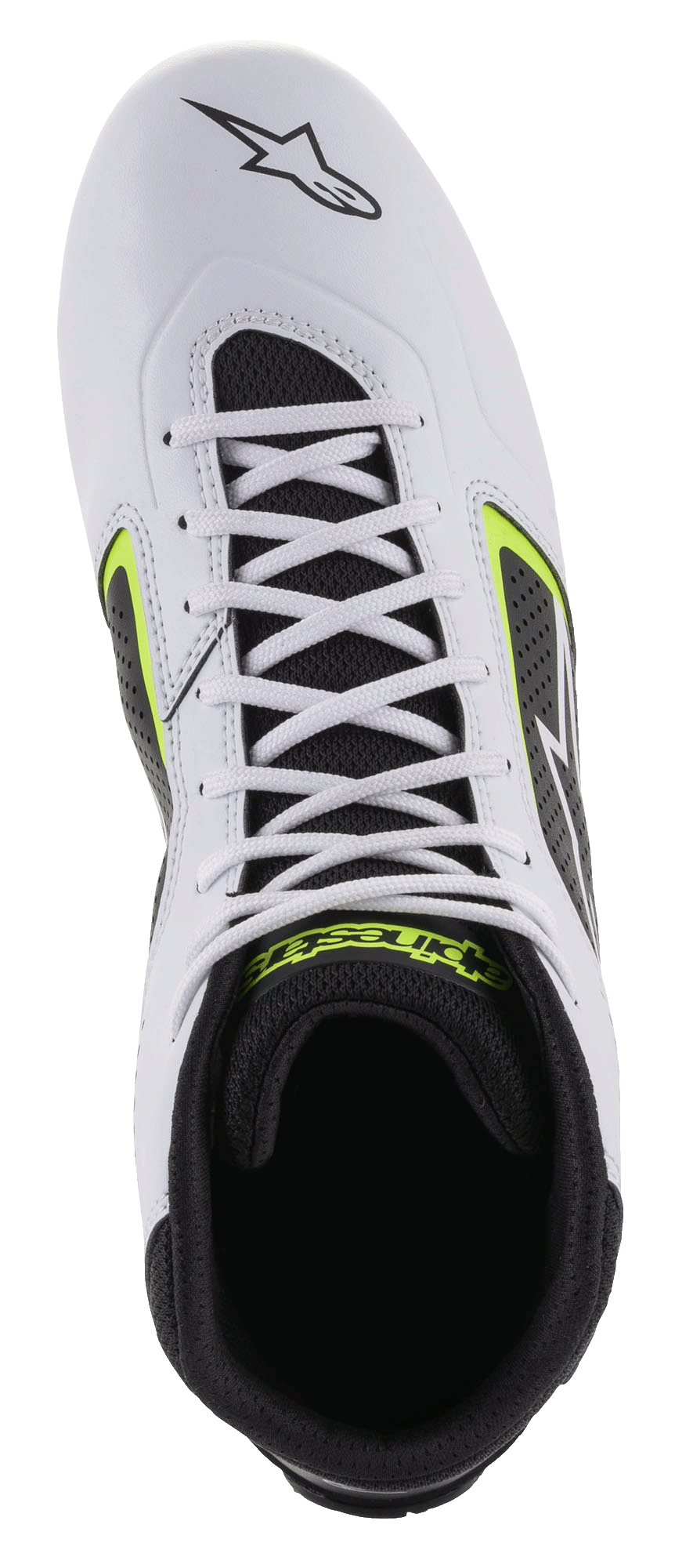 Alpinestars Tech-1 K Start V2 Shoes, Karting Shoes, White Black and Yellow Fluo, top-down view showing white microfiber upper, white laces, and black mesh interior with yellow branding