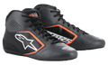 Alpinestars Tech-1 K Start V2 Shoes, buty kartingowe, czarne Asphalt i pomarańczowe Fluo, perforowana cholewka z mikrofibry z jaskrawopomarańczowymi akcentami, białe logo Astar z boku, smukły niskoprofilowy design wyścigowy
