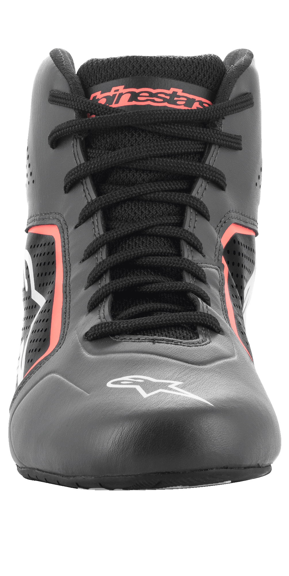 Buty Alpinestars Tech-1 K Start V2, buty kartingowe, kolor Asphalt Black i Orange Fluo, widok z przodu pokazujący czarne sznurowadła, pomarańczowe logo Alpinestars na języku, białe logo gwiazdy na czubku i perforowane panele z mikrofibry