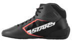 Buty Alpinestars Tech-1 K Start V2, buty kartingowe, kolor czarny asfaltowy i pomarańczowy fluo, widok z boku z dużym białym logo ASTARS, cholewka z perforowanej mikrofibry z pomarańczowymi fluorescencyjnymi akcentami, smukły design motorsportowy