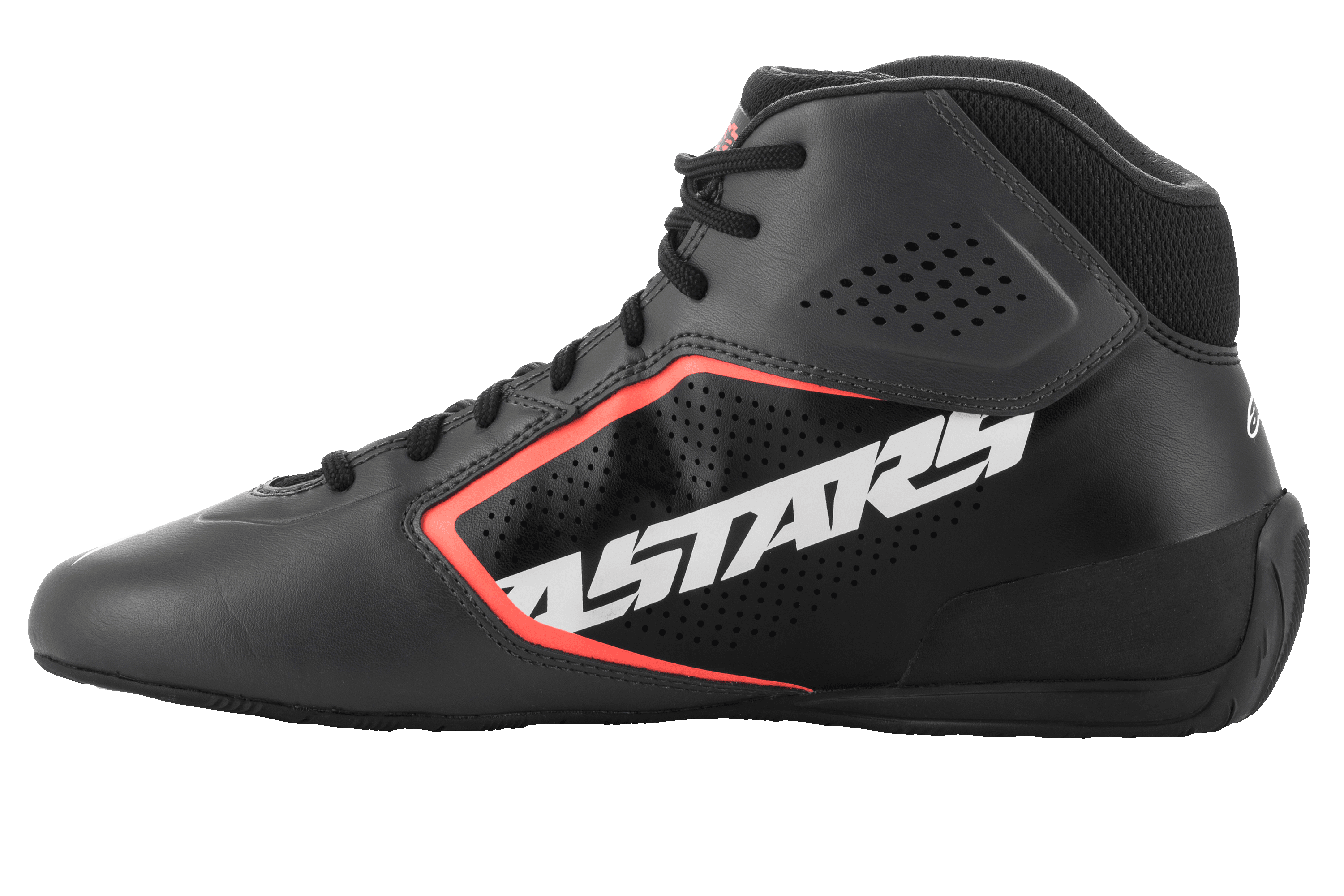 Buty Alpinestars Tech-1 K Start V2, buty kartingowe, kolor czarny asfaltowy i pomarańczowy fluo, widok z boku z dużym białym logo ASTARS, cholewka z perforowanej mikrofibry z pomarańczowymi fluorescencyjnymi akcentami, smukły design motorsportowy