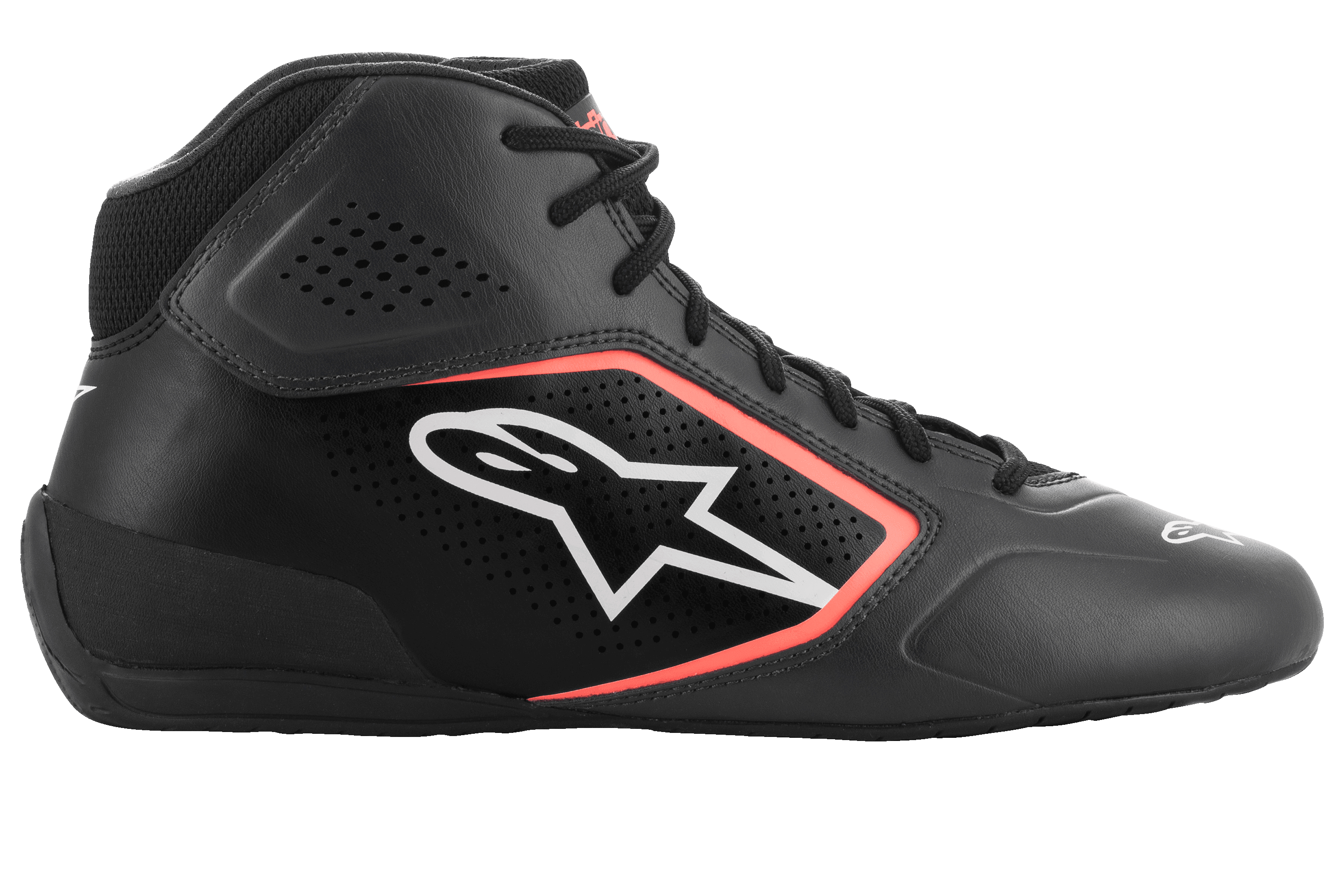 Buty Alpinestars Tech-1 K Start V2, buty kartingowe, kolor Asphalt Black i Orange Fluo, profil boczny z cholewką z mikrofibry z laserowymi perforacjami, białe logo Alpinestars z pomarańczową obwódką oraz czarne sznurowadła