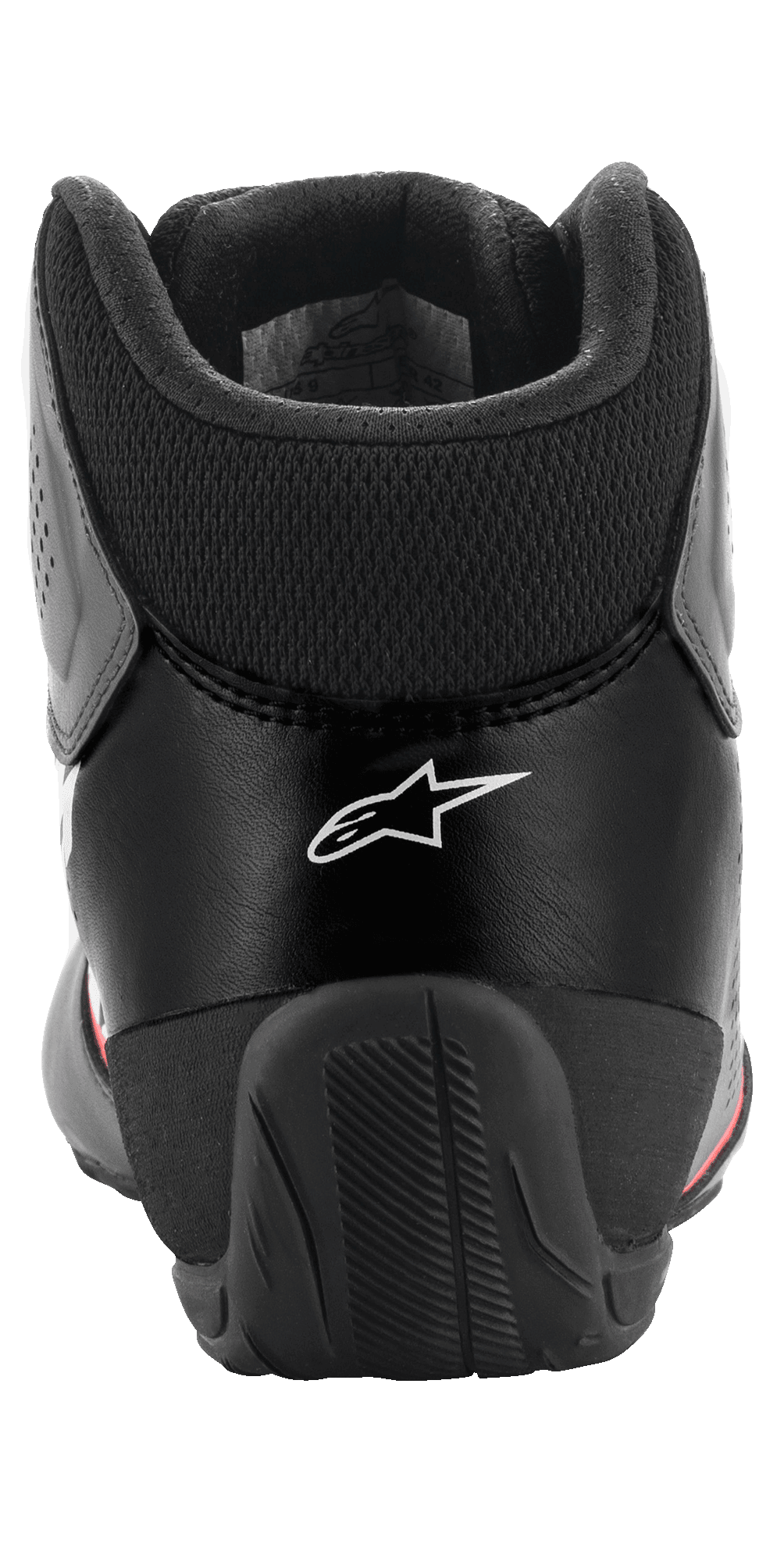 Buty Alpinestars Tech-1 K Start V2, buty kartingowe, Asphalt Black Orange Fluo, widok z tyłu prezentujący białe logo Alpinestars, siatkowy kołnierz Achillesa oraz wzmocniony gumowy zapiętek zapewniający stabilność