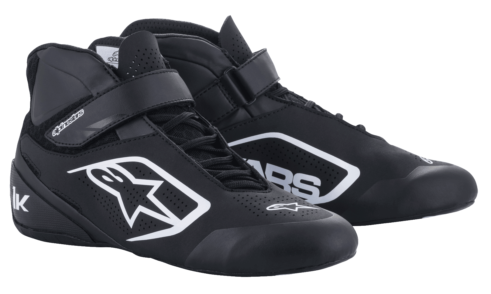 Alpinestars Youth Tech-1 K V2 Karting Shoes, czarno-białe, wysokie obuwie wyścigowe z podwójnym systemem zapięcia na sznurówki i pasek, perforowanymi panelami oddychającymi i białym logo dla młodych kierowców