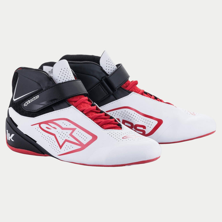 Alpinestars Tech-1 K V2 Shoes, Karting Shoes, White Black and Red, featuring a dual closure system with red laces and a black hook-and-loop strap, perforated panels for breathability, red Alpinestars star logo, and a sleek ergonomic profile for racing.