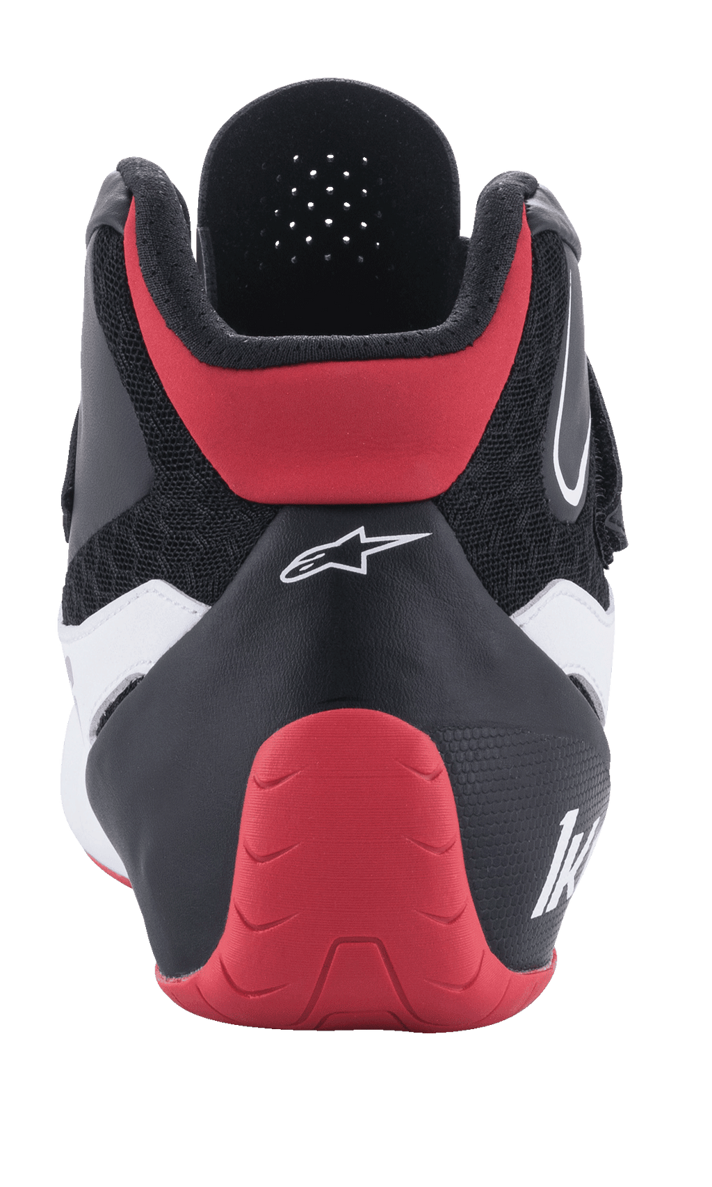 Alpinestars Tech-1 K V2 Shoes, Karting Footwear, Red Black and White, Rear View, featuring a red protective heel cup, black textile upper with white accents, and white Alpinestars branding.