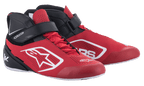 Alpinestars Tech-1 K V2 Karting Shoes, buty kartingowe, czerwono-czarno-białe, obuwie wyścigowe o średnim profilu z czerwonymi sznurowadłami i czarnym paskiem na rzep na kostce, perforowana cholewka z mikrofibry z białym logo Alpinestars, ergonomiczna konstrukcja do profesjonalnego kartingu