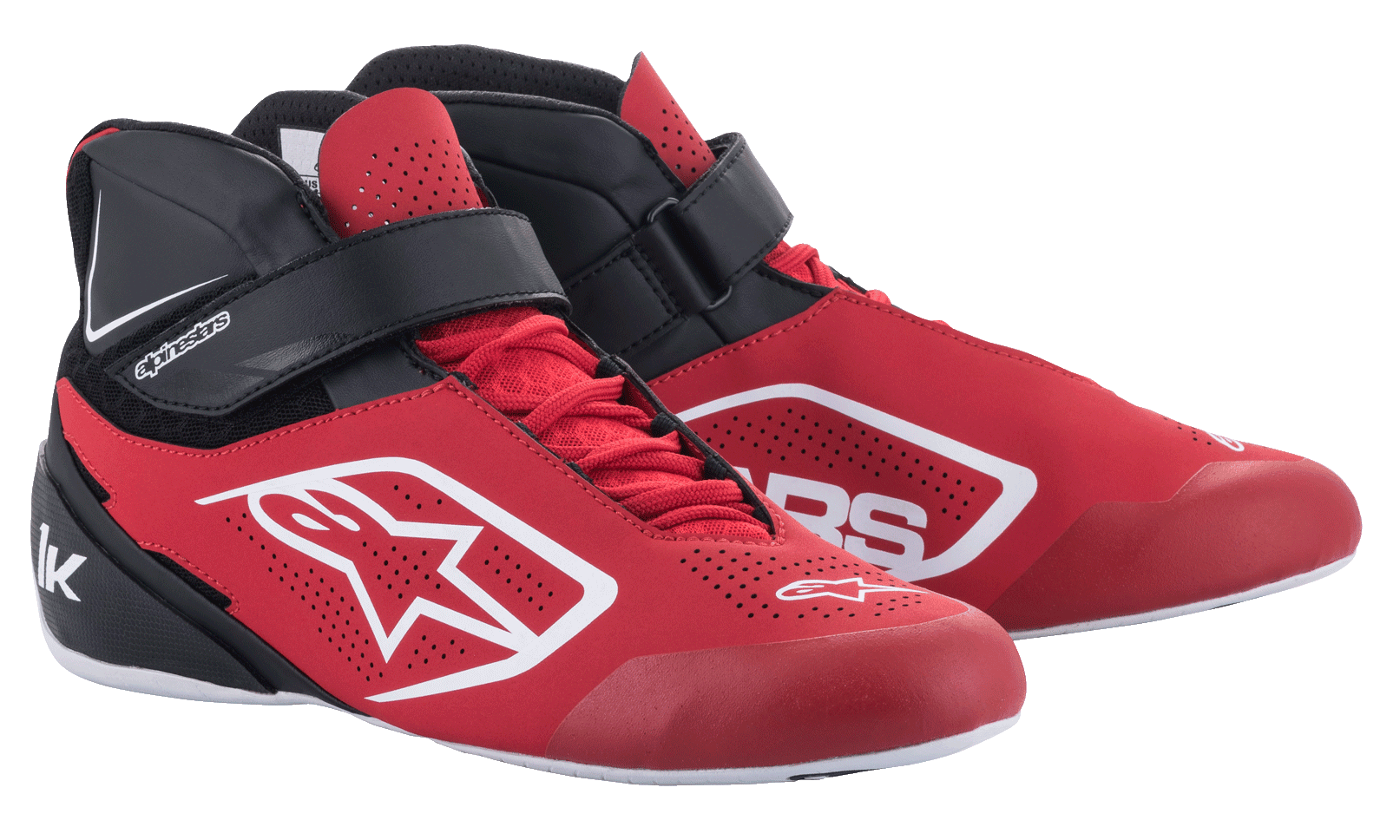 Alpinestars Tech-1 K V2 Karting Shoes, buty kartingowe, czerwono-czarno-białe, obuwie wyścigowe o średnim profilu z czerwonymi sznurowadłami i czarnym paskiem na rzep na kostce, perforowana cholewka z mikrofibry z białym logo Alpinestars, ergonomiczna konstrukcja do profesjonalnego kartingu