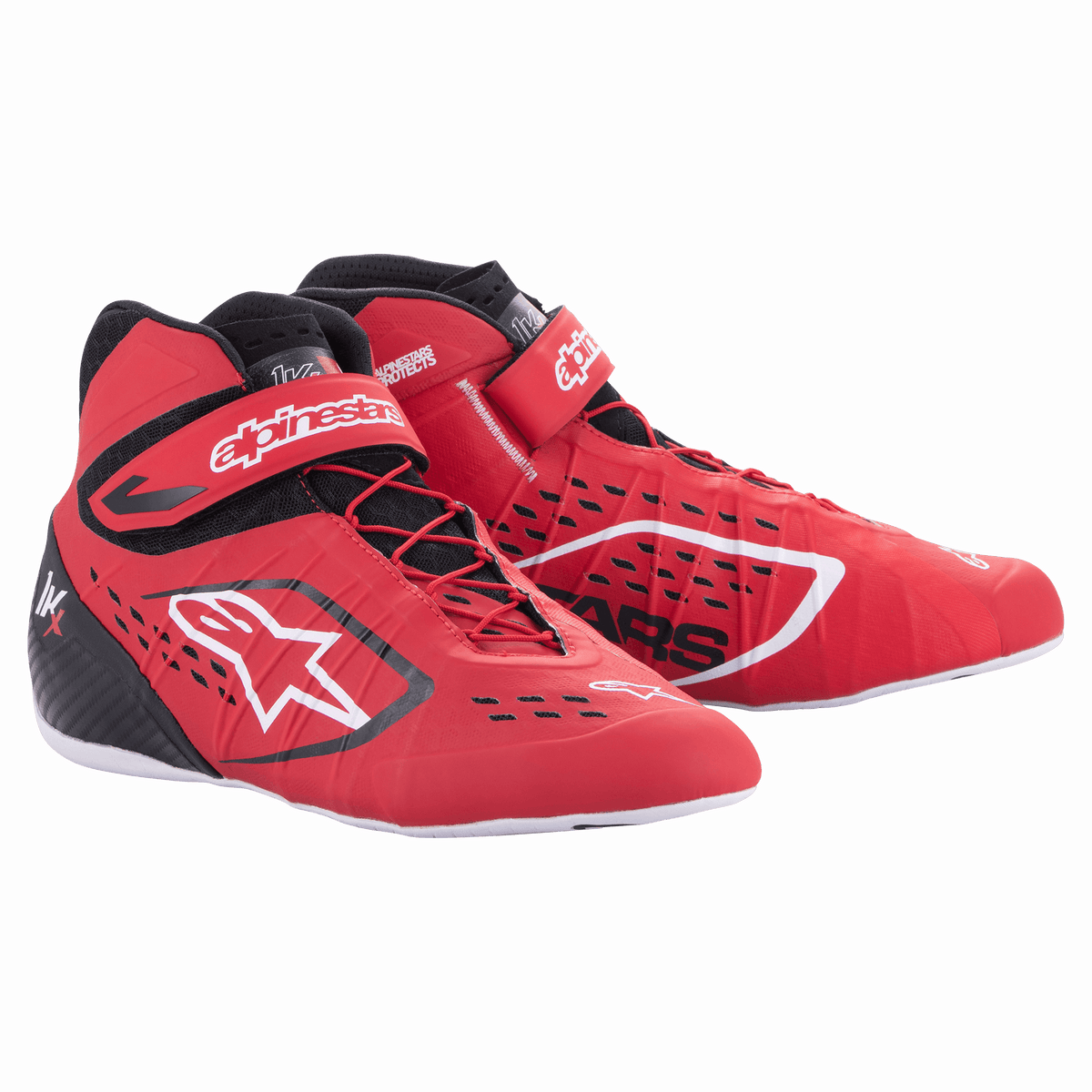 Alpinestars Tech-1 KX V2 Shoes, buty wyścigowe do kartingu, czerwono-czarno-białe, wysoka konstrukcja z paskami na rzep, biała podeszwa, oddychająca perforowana konstrukcja, profesjonalne obuwie motorsportowe