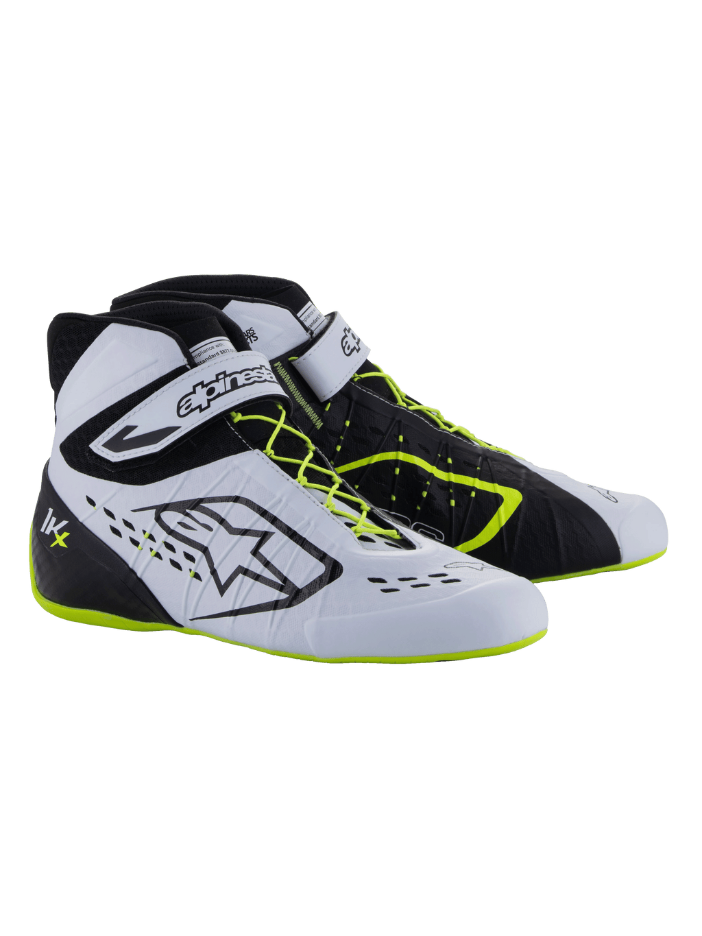Alpinestars Tech-1 KX V3 Shoes - FIA, buty kartingowe, czarne, białe i żółte fluo, wyczynowe obuwie wyścigowe z asymetrycznym sznurowaniem, paskiem na rzep na kostce, neonowo żółtymi akcentami na sznurowadłach i podeszwie oraz oddychającymi panelami wycinanymi laserowo