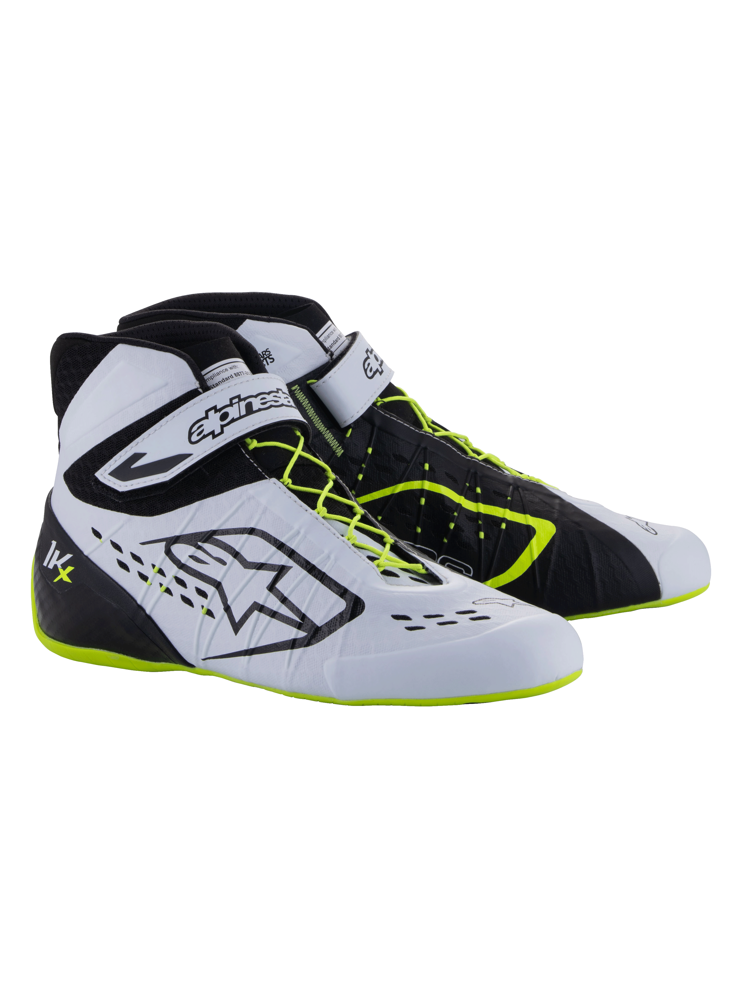 Alpinestars Tech-1 KX V3 Shoes - FIA, buty kartingowe, czarne, białe i żółte fluo, wyczynowe obuwie wyścigowe z asymetrycznym sznurowaniem, paskiem na rzep na kostce, neonowo żółtymi akcentami na sznurowadłach i podeszwie oraz oddychającymi panelami wycinanymi laserowo