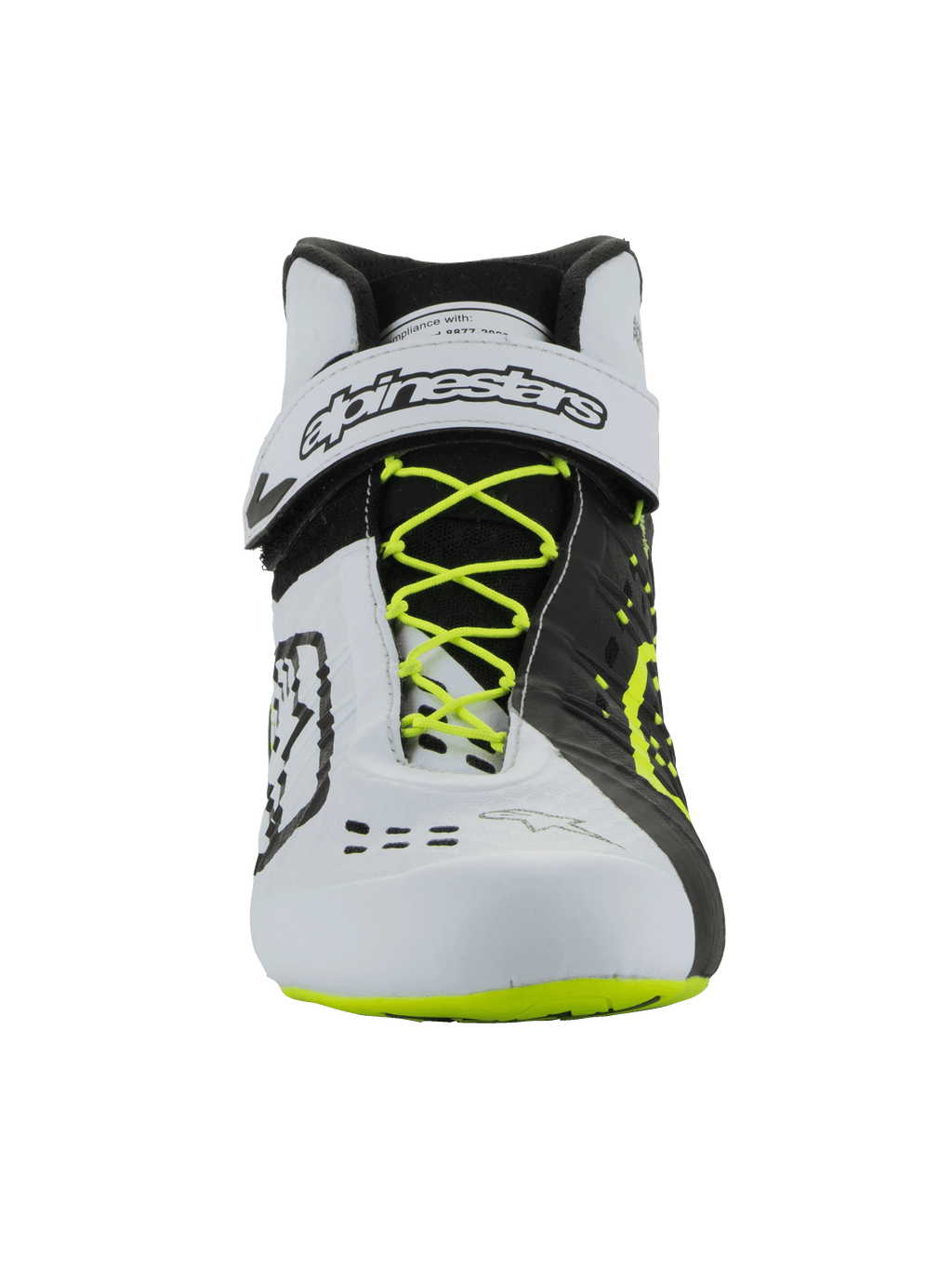 Buty Alpinestars Tech-1 KX V3 - FIA, obuwie kartingowe, czarno-białe i żółte fluo, widok z przodu z fluorescencyjnymi żółtymi sznurowadłami, biały pasek na kostkę z czarnym brandingiem, asymetryczny design typu color-block i laserowo wycinane detale wentylacyjne