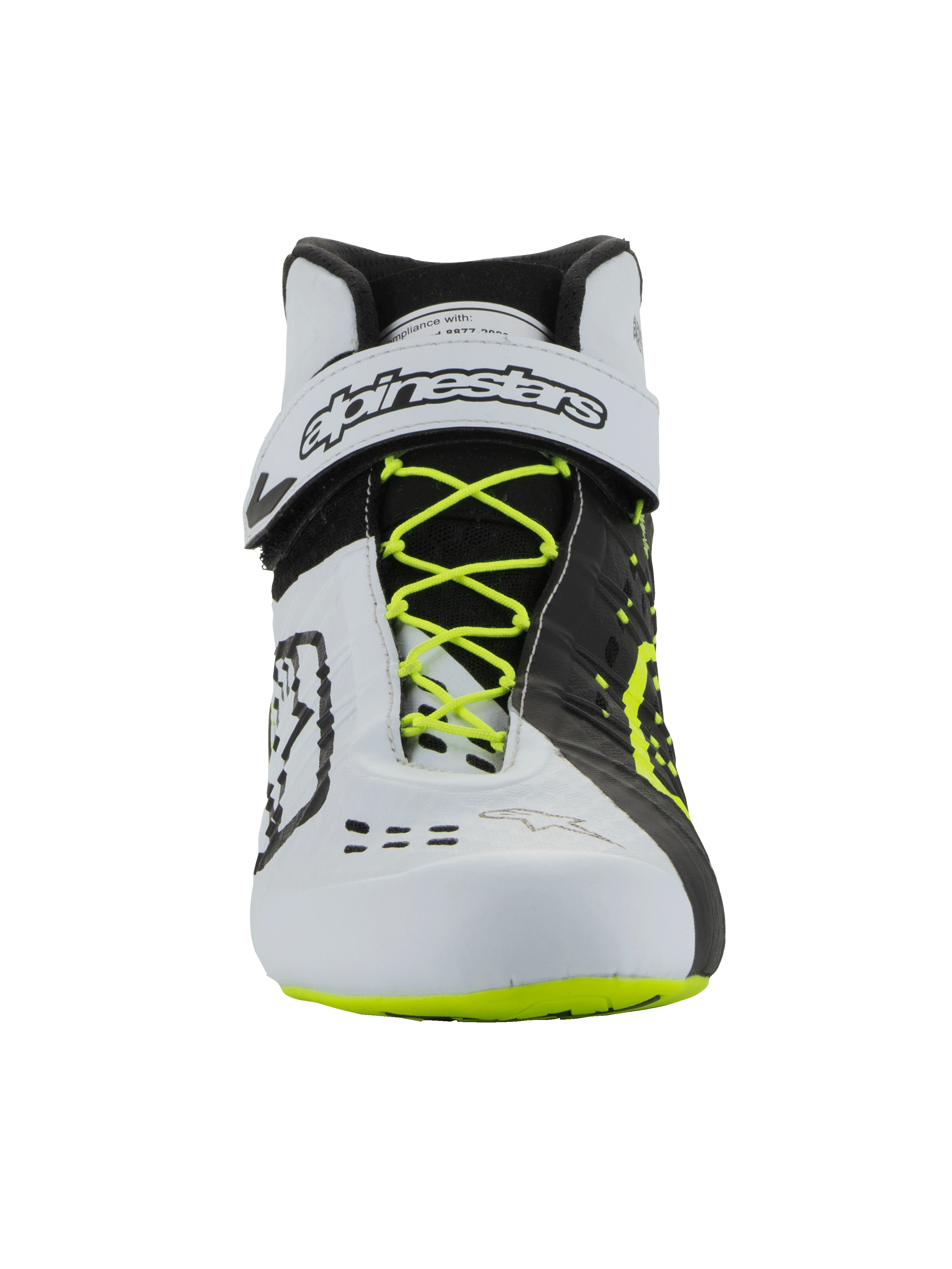 Buty Alpinestars Tech-1 KX V3 - FIA, obuwie kartingowe, czarno-białe i żółte fluo, widok z przodu z fluorescencyjnymi żółtymi sznurowadłami, biały pasek na kostkę z czarnym brandingiem, asymetryczny design typu color-block i laserowo wycinane detale wentylacyjne