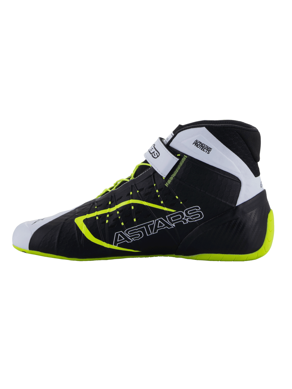 Buty Alpinestars Tech-1 KX V3 - FIA, buty kartingowe, czarno-białe i żółty fluo, smukły profil z brandingiem ASTARS z boku, regulowany pasek i fluorescencyjne akcenty, lekkie obuwie wyścigowe