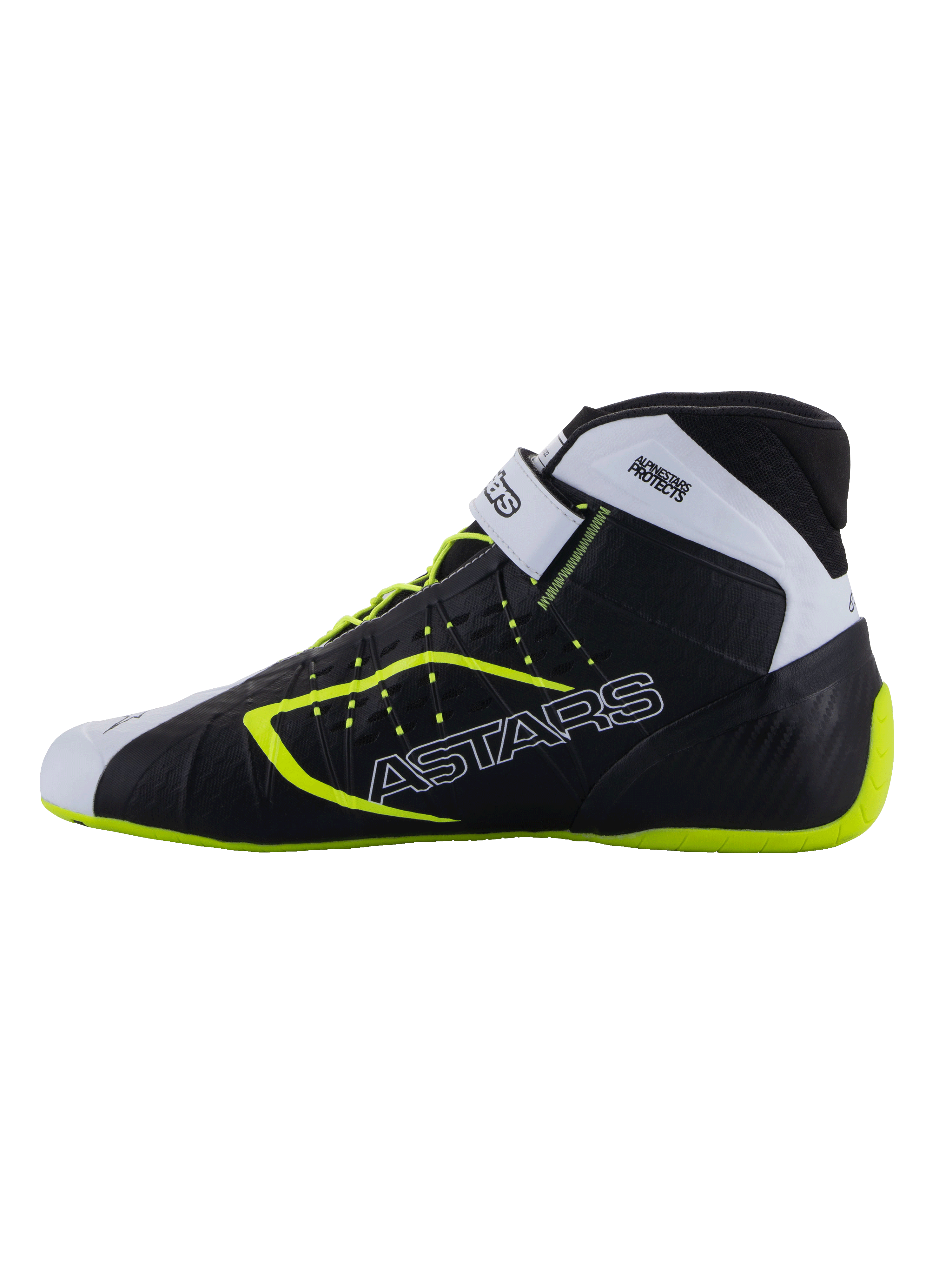 Buty Alpinestars Tech-1 KX V3 - FIA, buty kartingowe, czarno-białe i żółty fluo, smukły profil z brandingiem ASTARS z boku, regulowany pasek i fluorescencyjne akcenty, lekkie obuwie wyścigowe