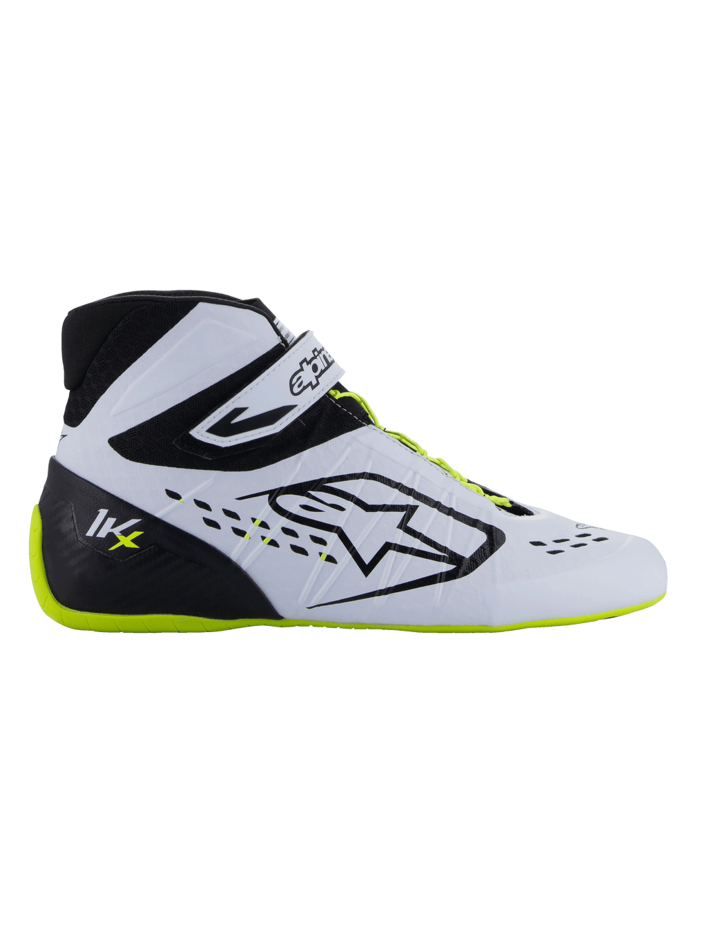 Buty Alpinestars Tech-1 KX V3 - FIA, buty kartingowe, czarno-białe i żółte fluo, smukły profil boczny z białą termo-zgrzewaną cholewką, czarny zapiętek z logo KX, fluorescencyjna żółta podeszwa i sznurowadła, profesjonalny design motorsportowy do kartingu