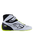 Buty Alpinestars Tech-1 KX V3 - FIA, buty kartingowe, czarno-białe i żółte fluo, smukły profil boczny z białą termo-zgrzewaną cholewką, czarny zapiętek z logo KX, fluorescencyjna żółta podeszwa i sznurowadła, profesjonalny design motorsportowy do kartingu