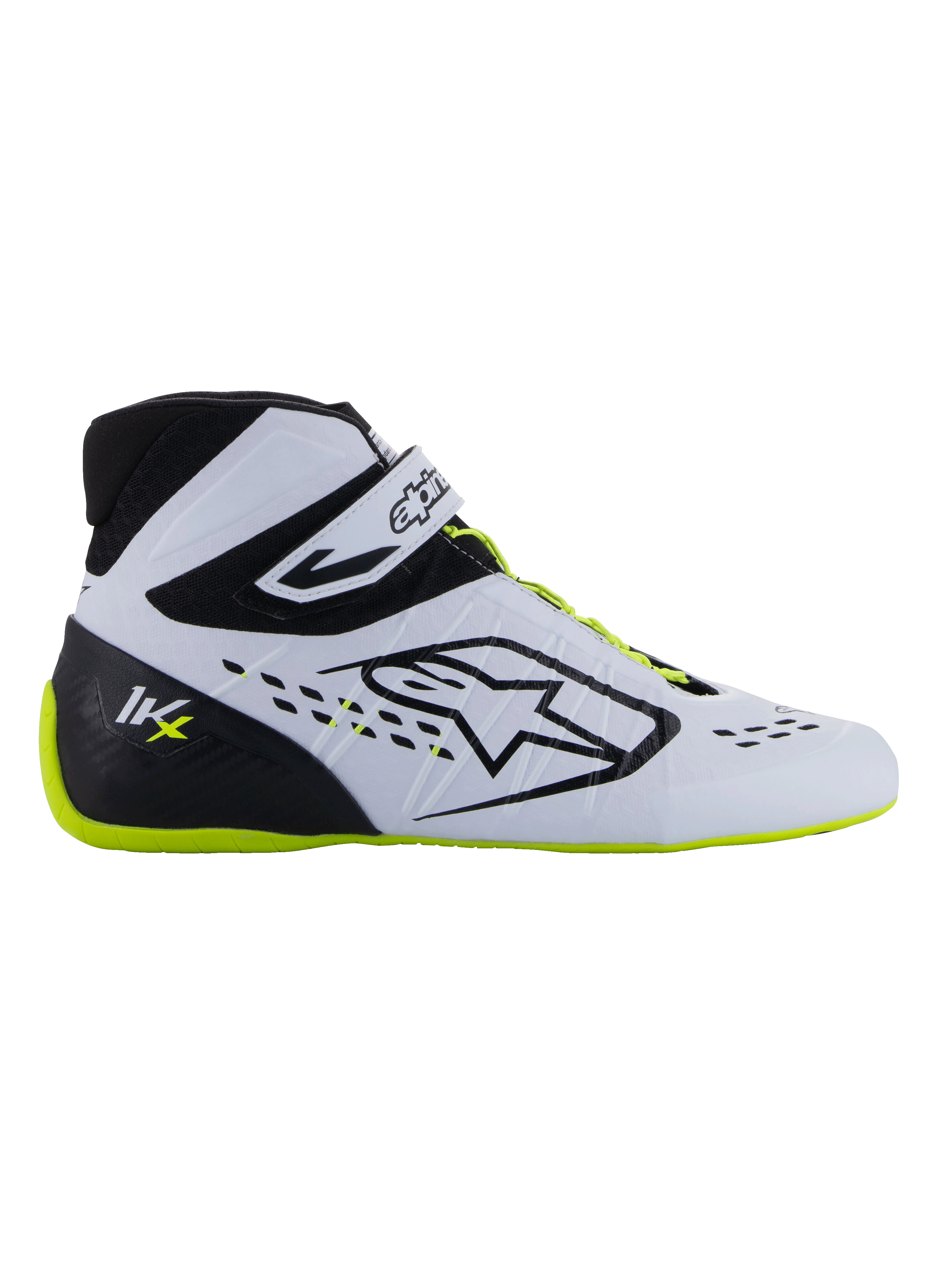 Buty Alpinestars Tech-1 KX V3 - FIA, buty kartingowe, czarno-białe i żółte fluo, smukły profil boczny z białą termo-zgrzewaną cholewką, czarny zapiętek z logo KX, fluorescencyjna żółta podeszwa i sznurowadła, profesjonalny design motorsportowy do kartingu